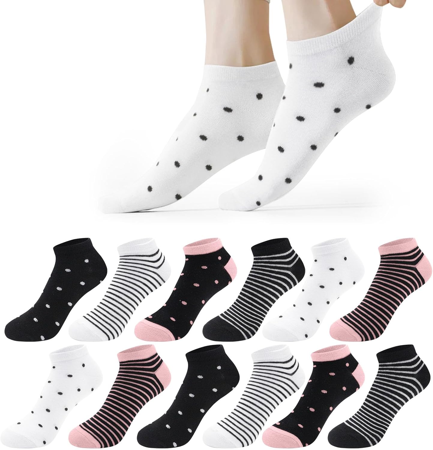 Libella 12 Paia Calzini Donna Cotone Corti 35-38 39-42 Sportive Calze Corte Donna Colorate con Strisce a Pois Morbido da Tempo Libero, Sport, Fitness