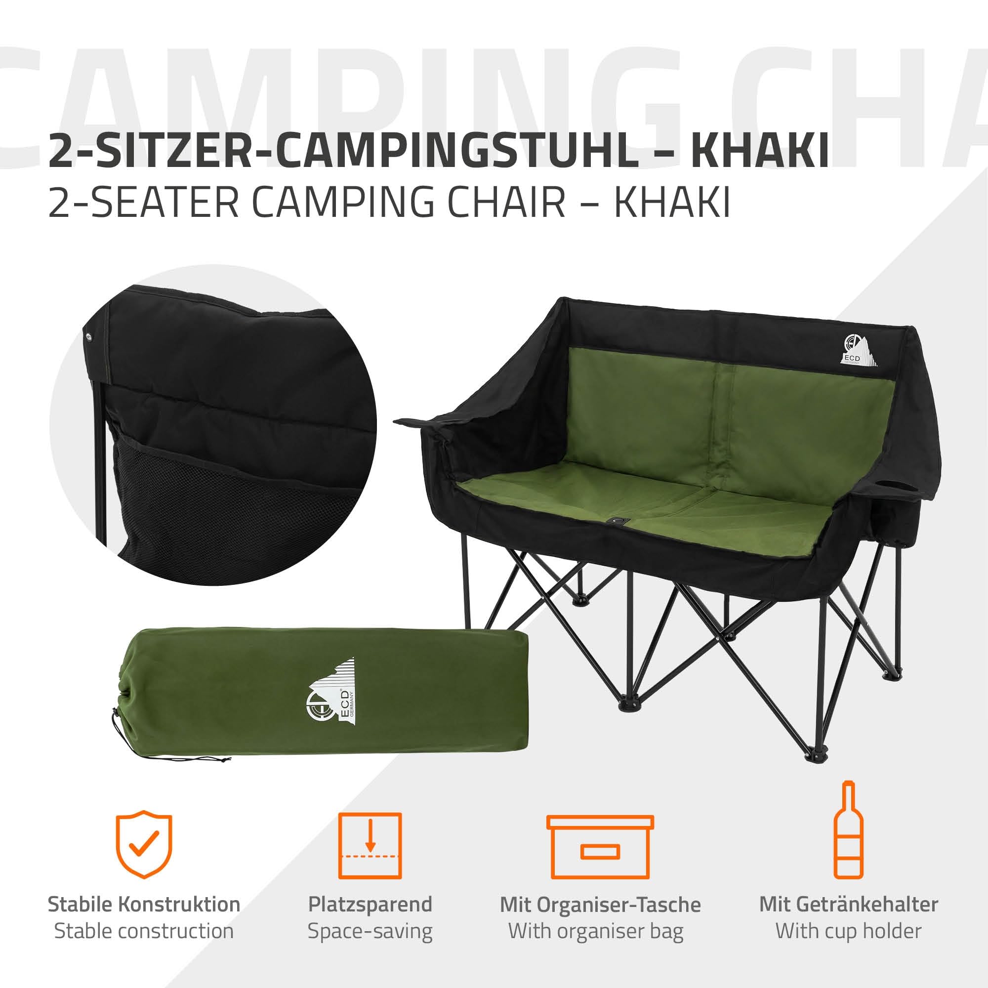ECD Germany Podwójny Fotel Campingowy Khaki, Krzeslo Outdoor 2 Osobowe z Metalowa Konstrukcja, Skladana Sofa Turystyczna z Uchwytami na Napoje i Torba, Wyscielane Siedzisko na Camping i Wedkowanie