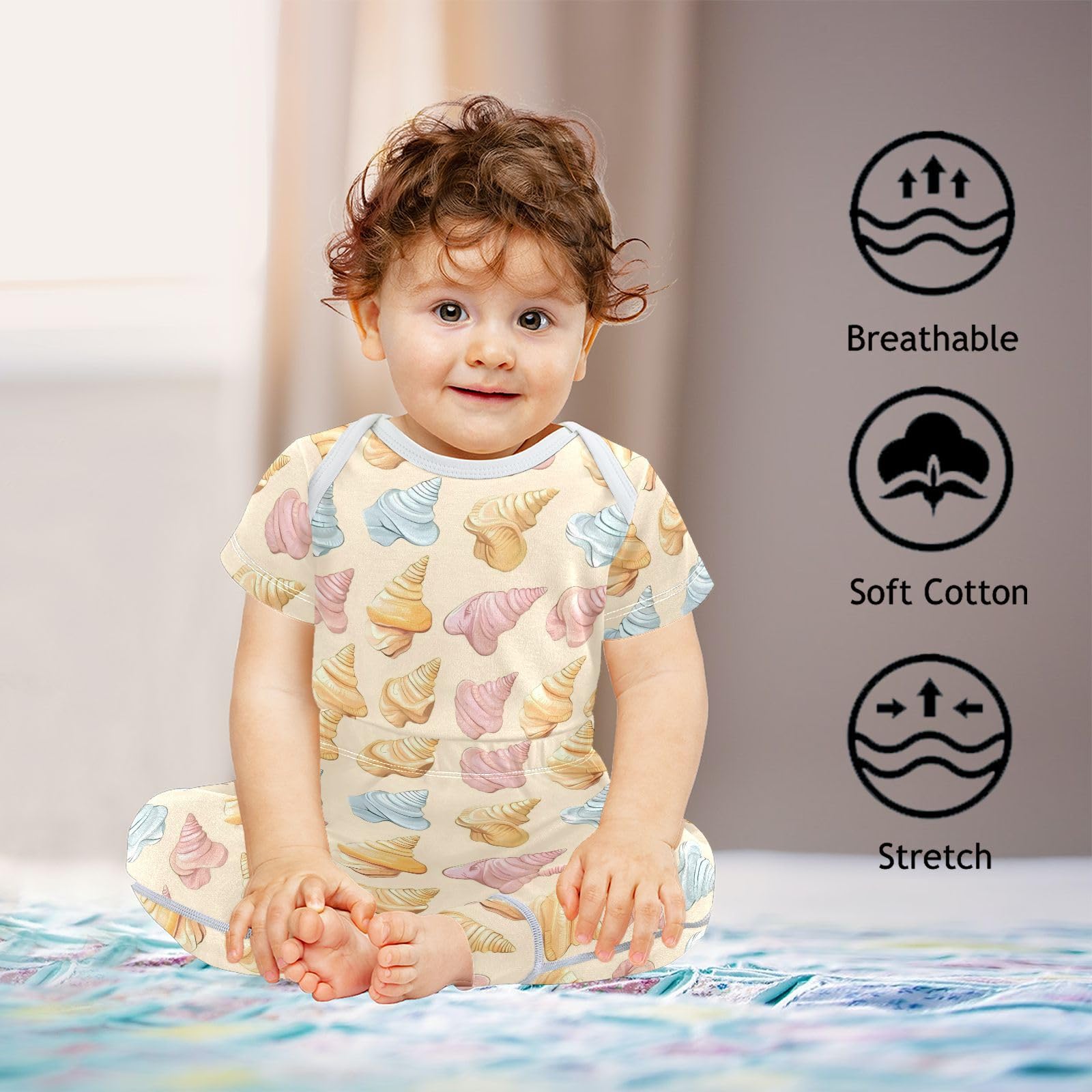 vvfelixl Unisex Short Sleeve Baby Pants Sets,Cartoon Colorful Conch Baby Bodysuits Set,Babys Layette Sets Clothes for 18-24M