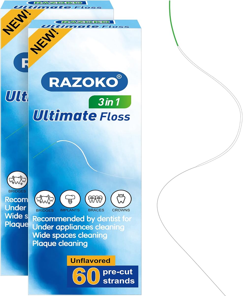 RAZOKO 3-in-1 Floss for Braces, 120 Pre-Cut Strands | Floss Threaders, Spongy & Regular Floss for Bridges & Wide Gaps, Unflavored (Pack of 2)