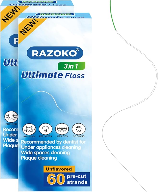 RAZOKO 3-in-1 Floss for Braces, 120 Pre-Cut Strands | Floss Threaders, Spongy & Regular Floss for Bridges & Wide Gaps, Unflavored (Pack of 2)