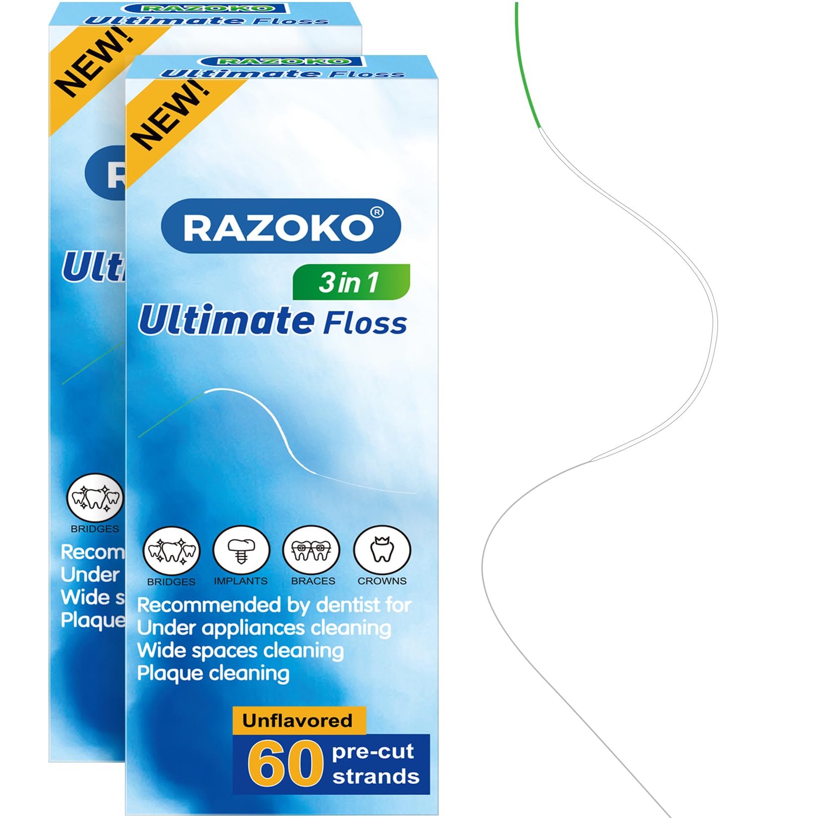 RAZOKO 3-in-1 Floss for Braces, 120 Pre-Cut Strands | Floss Threaders, Spongy & Regular Floss for Bridges & Wide Gaps, Unflavored (Pack of 2) Global Recycled Standard Global Recycled Standard Global Recycled Standard