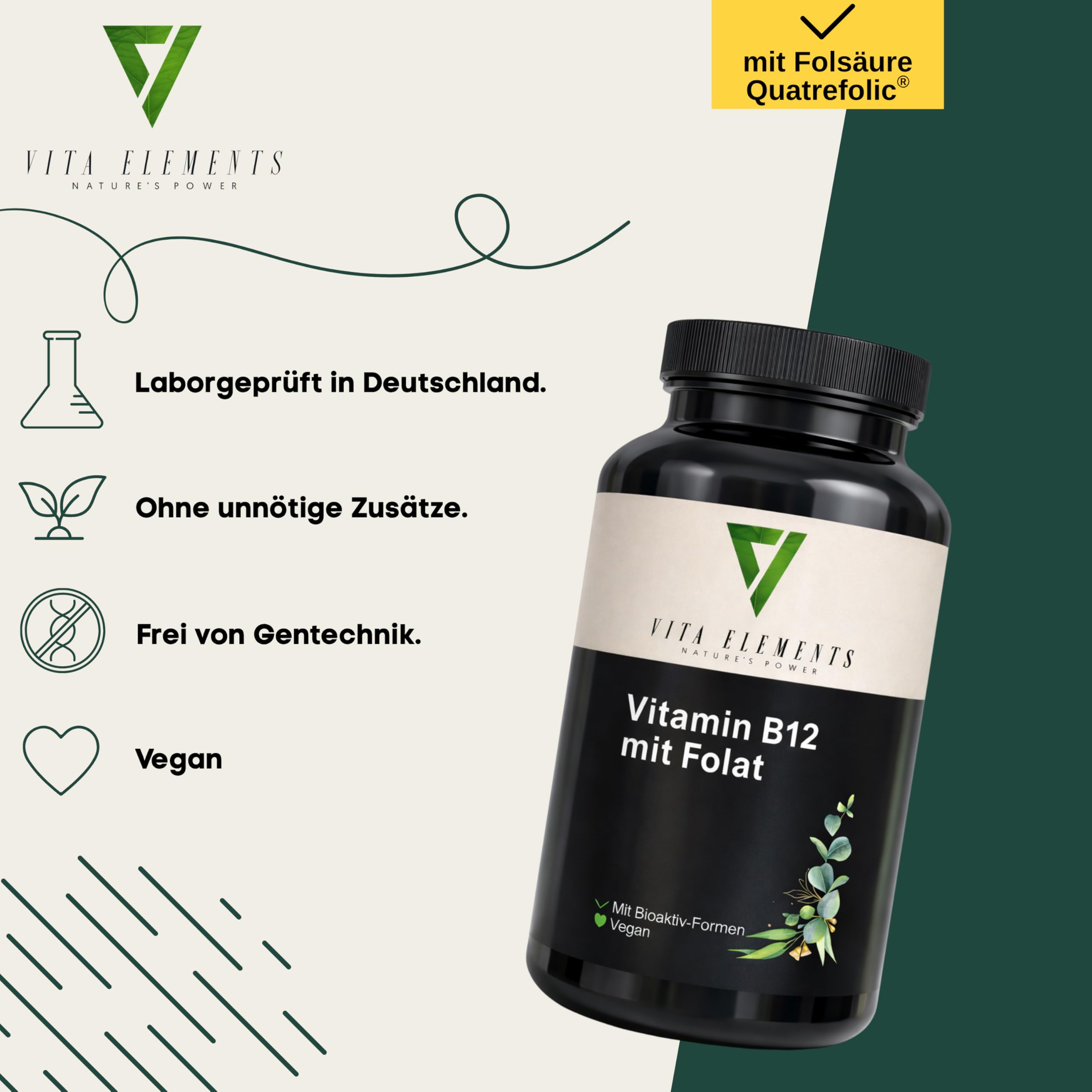 Vita Elements Vitamin B12 mit Folsäure - 180 Tabletten - Hochdosiert - Methylcobalamin - 6 Monate Vorrat - Vegan - Ohne Zusätze – Laborgeprüft