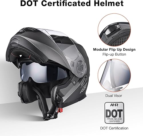 Miniatura 10 de AHR - Casco modular y abatible de motocicleta, de cara completa con certificación DOT y visera doble, para motocross