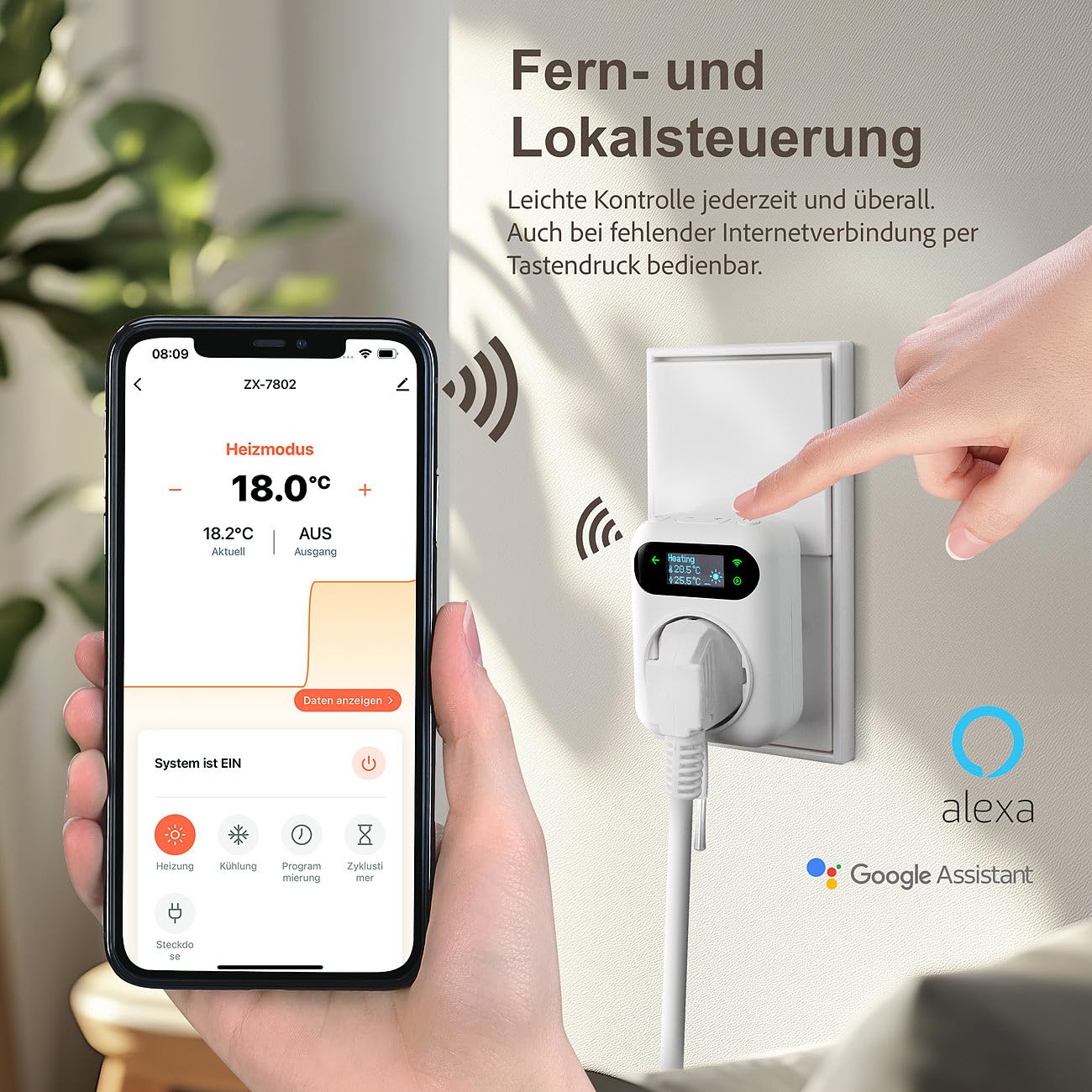 revolt Termostato Wi-Fi Alexa: Set da 2 Termostato Wi-Fi per prese, per dispositivi di riscaldamento e climatizzazione, App (presa termostatica con sensore, presa smart home, LAN)