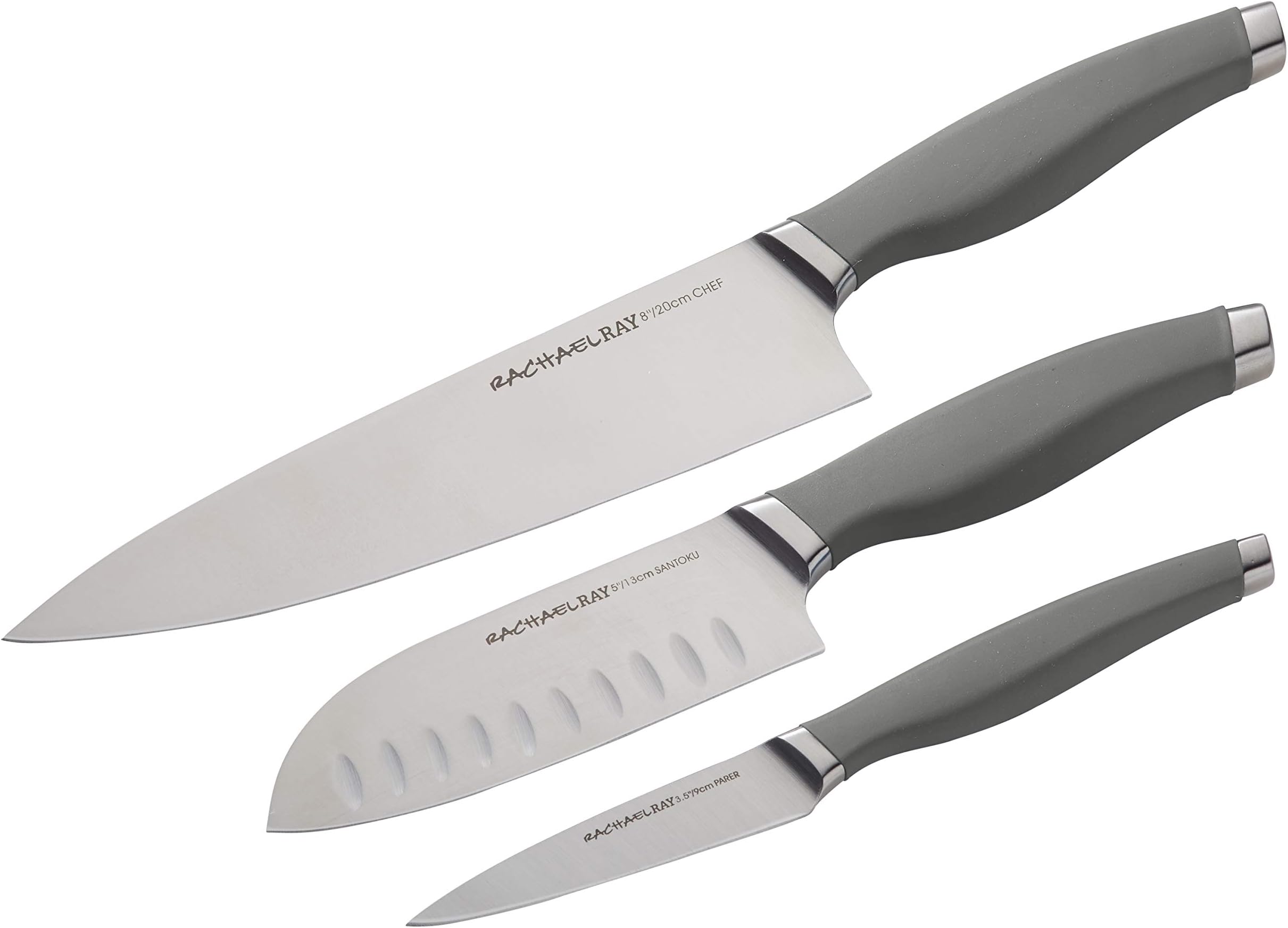 Rachael Ray Cutlery Japanese Stainless Steel Knives Set with Sheaths, 8-Inch Chef Knife, 5-Inch Santoku Knife, and 3.5-Inch Paring Knife, Gray