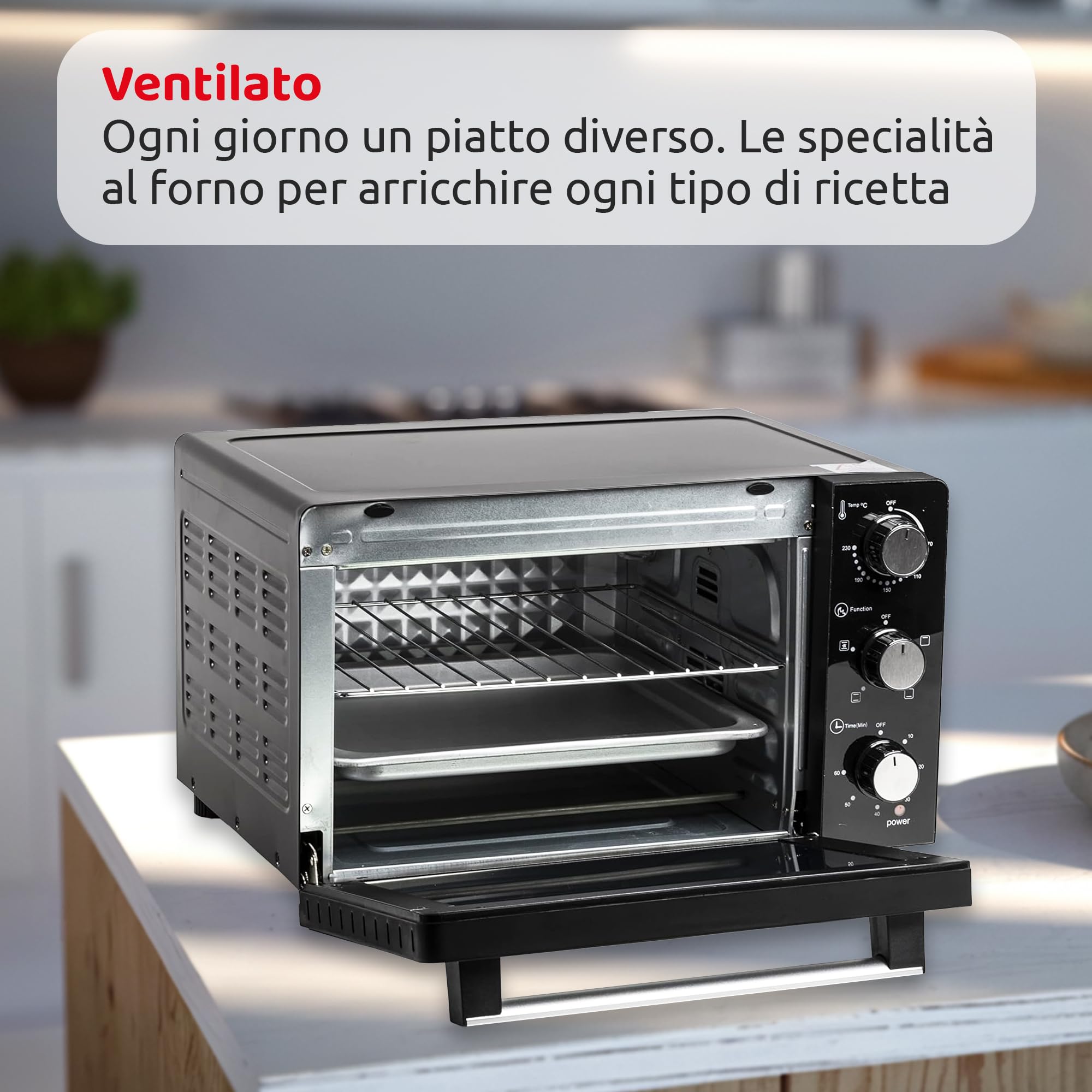 Melchioni Family | Forno Elettrico Ventilato DEVIL, Capacità 32 litri, 3 Modalità di Cottura, Timer da 60 Minuti, 1500W, Doppio Vetro, Luce Interna e Temperatura Fino a 230° C, 49 X 46 X 31 cm