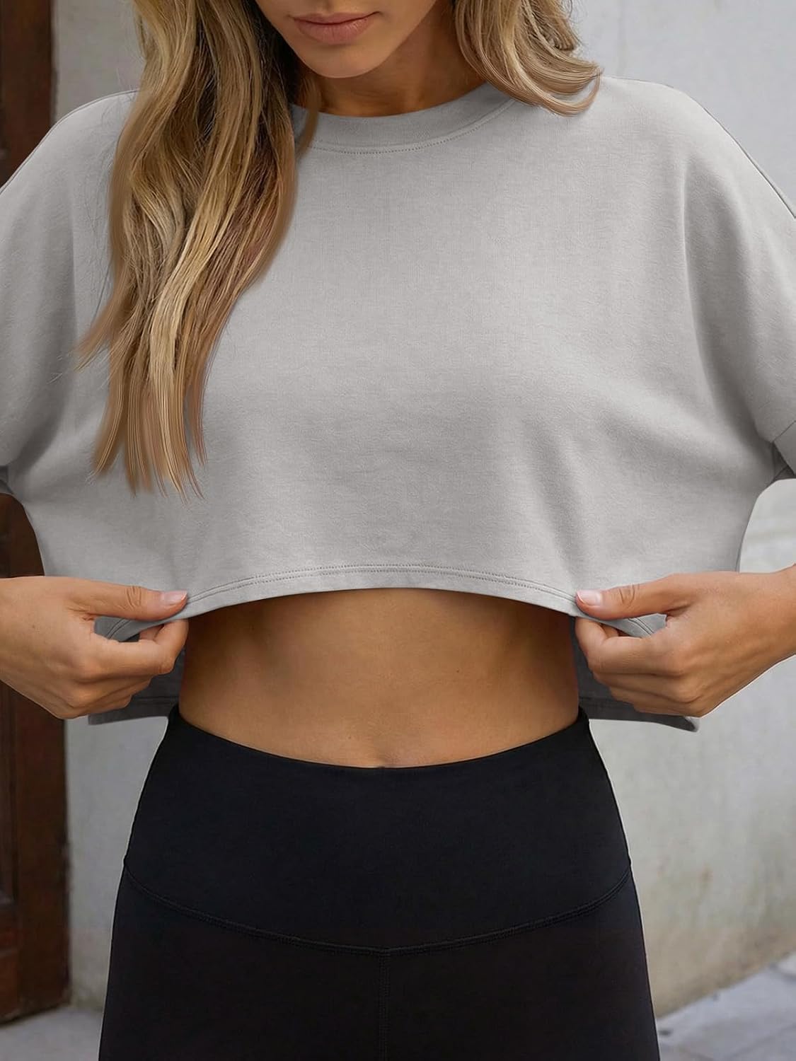 Fisoew Womens Summer Cropped Tops Short Sleeve Loose T Shirts | Casual, Drop Shoulder, Lightweight. Workout