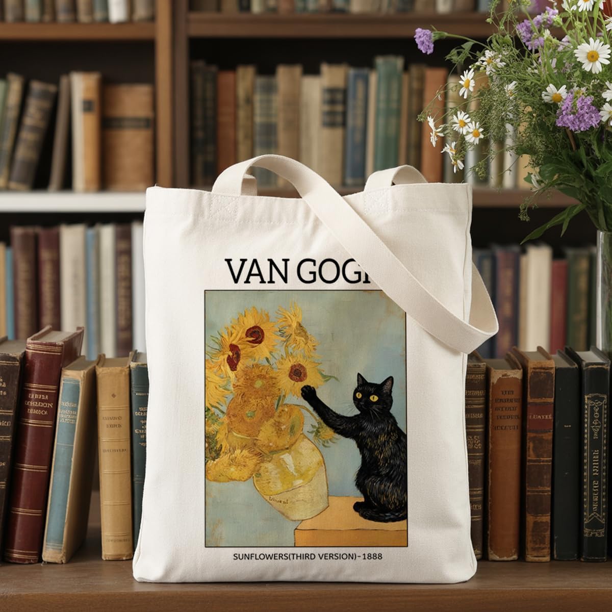 LONGXIN Black Cat Sunflowers Tote Bag, Vintage Sunflowers, Funny Black Cat Reusable Canvas Grocery Bags Shopping Beach Shoulder Bag Handbag Crossbody Purse for Shopping Grocery Work - Image 6