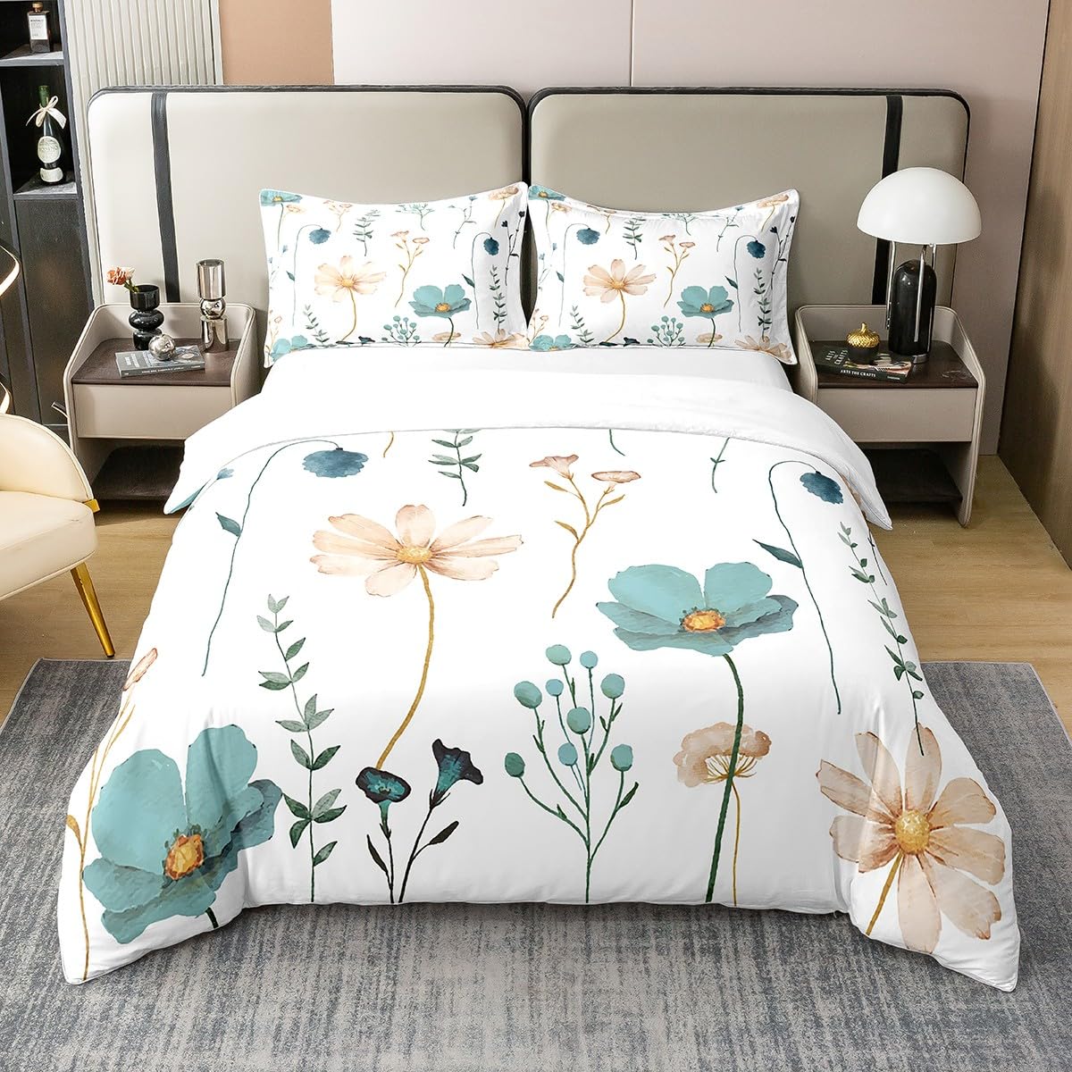 Ensemble de literie 220x240 avec couvre lit fleurs beige cyan et plantes