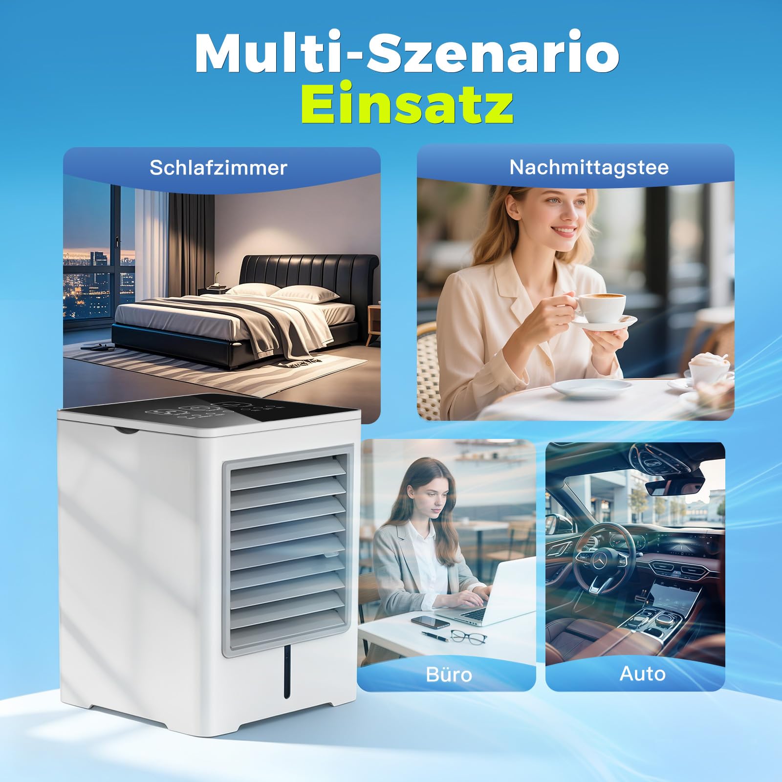 Condizionatore Portatile 3 in 1, USB Silenzioso Raffrescatore d'Aria Ad Acqua 470ML, 3 Velocità, Aria Condizionata mit Timer, Schermo Touch, Climatizzatore Portatile senza Tubo per Camera Ufficio Casa