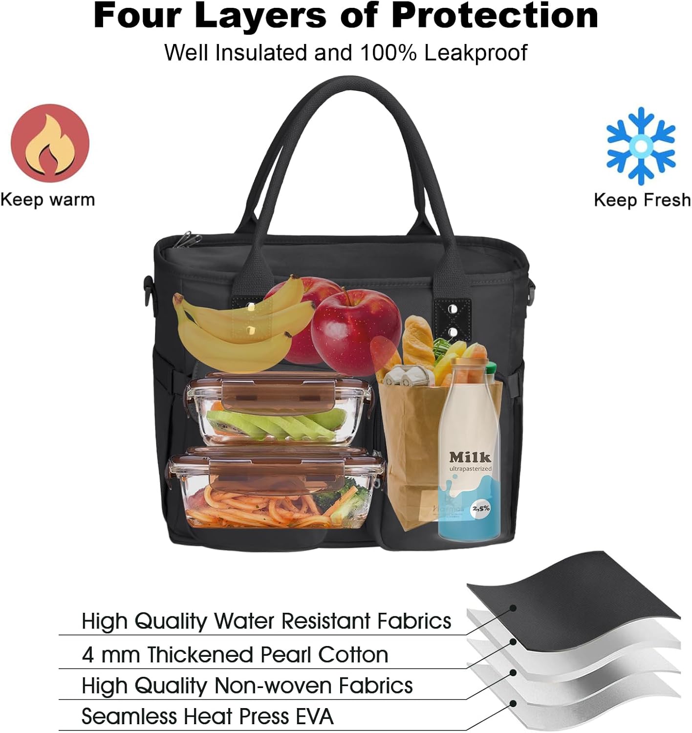 Hafmall Large Insulated Lunch Bag for Women Men, Leakproof Lunch Box for Adults, Wide Opening Lunch Tote Bag with Shoulder Strap, Reusable Lunch Cooler Bag for Work, Picnic, Black - Image 4