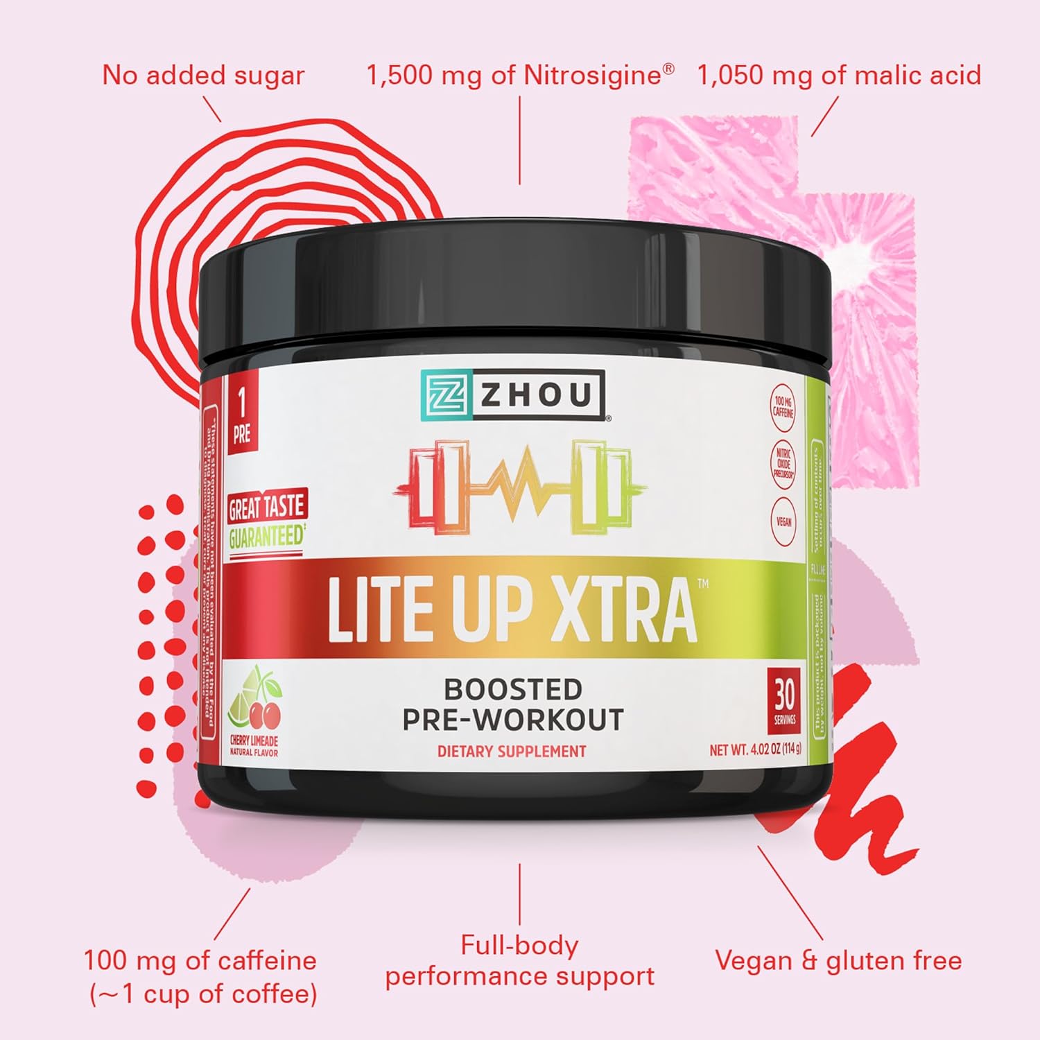 ZHOU Lite Up Xtra - Sugar Free Pre Workout Powder for Women & Men, Preworkout Supplement with Caffeine for Clean Energy, Amino Acid Support, Hydrate & Focus, Plant Based - Cherry Limeade, 16 oz Jar