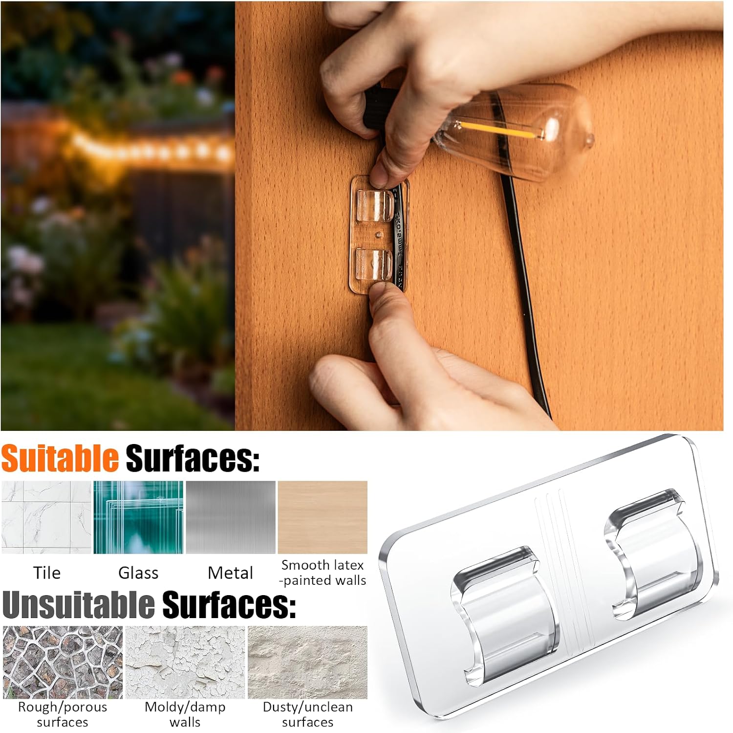 Light Clips Hooks for Outside String Lights, 30 Pcs Adhesive No Drill Light Hangers - Outdoor Patio Balcony Decor Fence - Rope Led Light Strip Christmas Decor Hooks