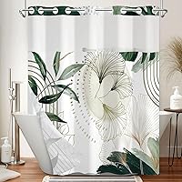 Vista 28 de Cortina de ducha bohemia sin ganchos y con forro adjunto, juego de cortinas de ducha impermeables de doble capa con parte superior transparente