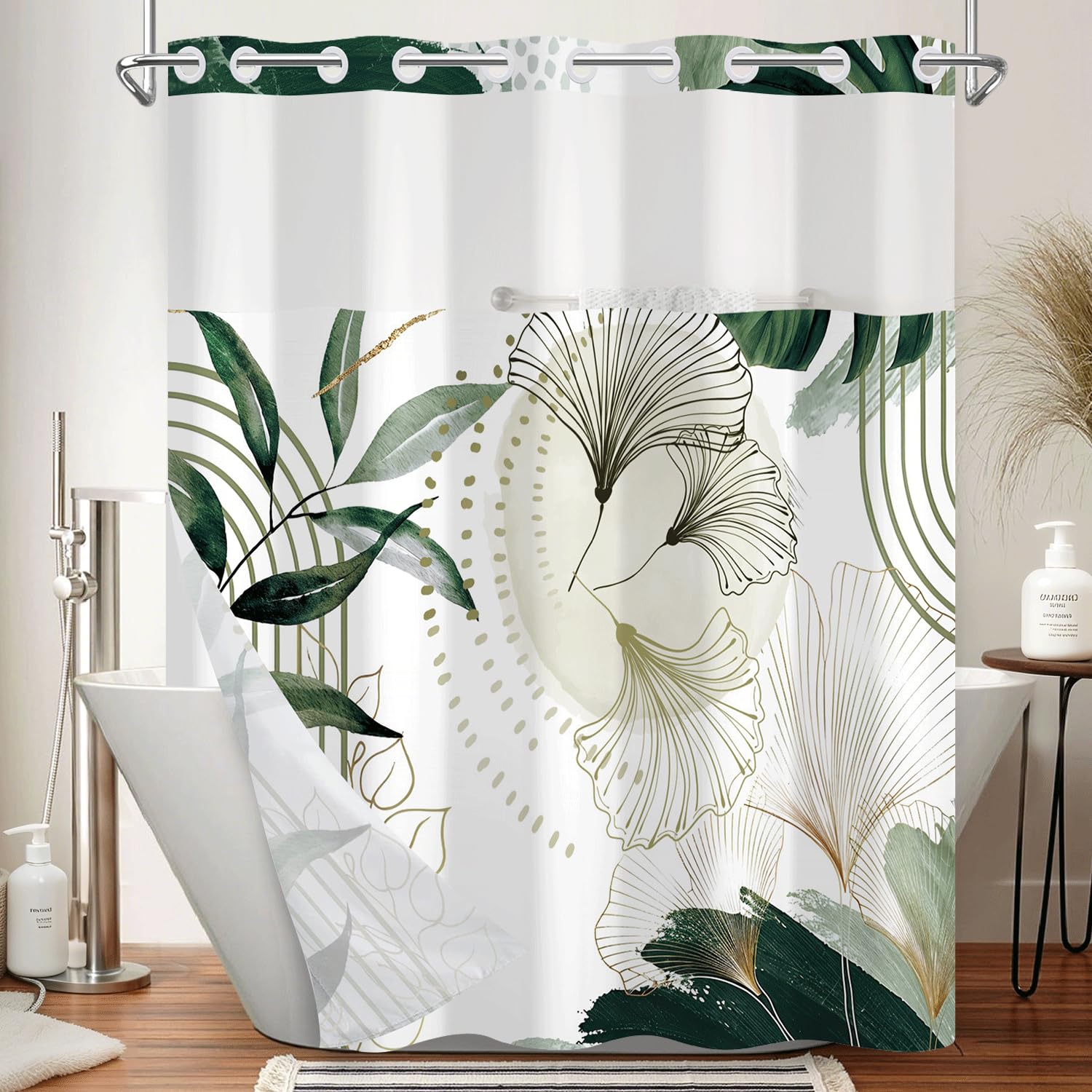 Xiazhilaio Abstract Botanical No Hook Shower Curtain Set