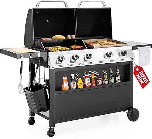 Miniatura 13 de Parrilla de Barbacoa de Gas Propano 2 en 1 con Quemador Lateral y Rejilla de Hierro Fundido Esmaltada en Porcelana, Plancha Plana de 4 Quemadores