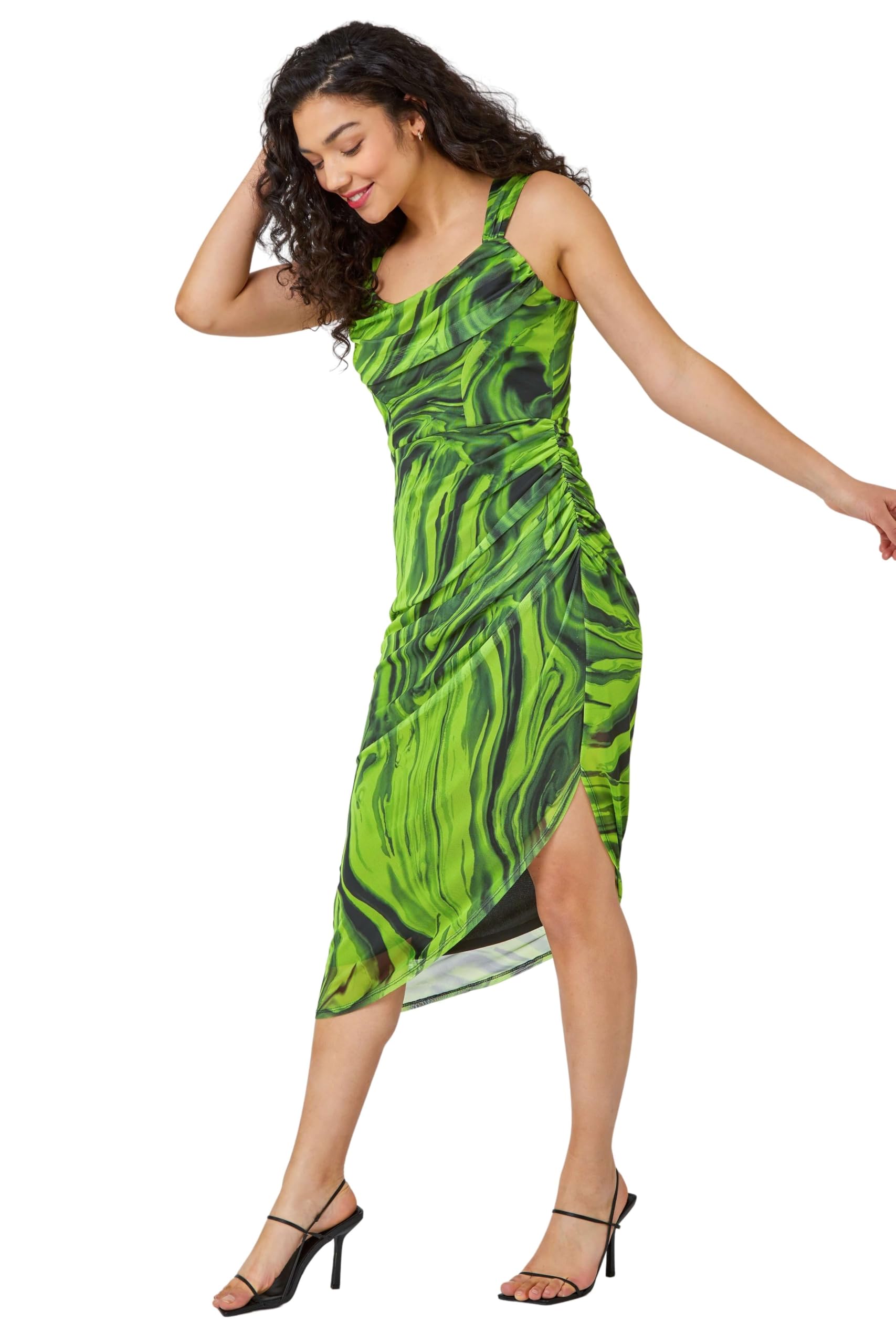 Roman Originals Women's Green Roman Swirl Print Ruched Stretch Dress For Uk - Spring Everyday Summer Holiday Cowl Neckline Comfy Sleeveless Soft Midi Length Frock Dinner Date Gowns - Size 10