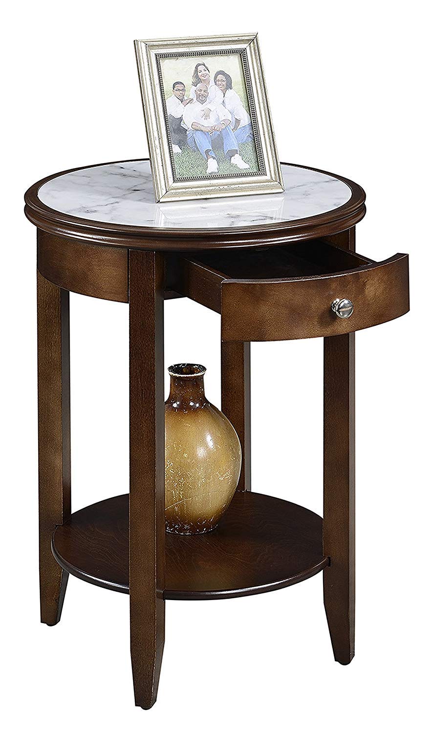 Convenience Concepts American Heritage Baldwin End Table with Drawer, White Marble / Espresso