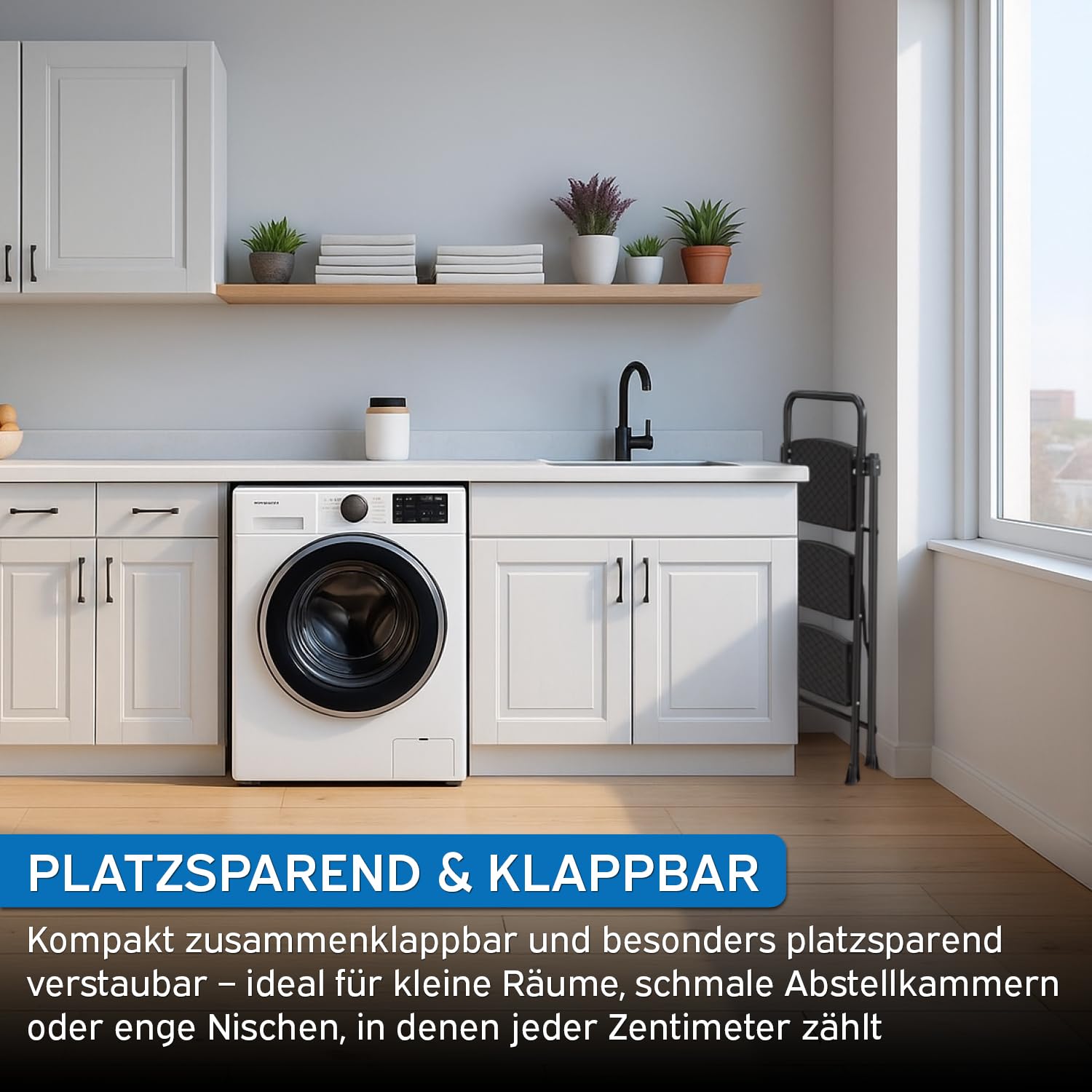 kör4u Trittleiter 3 Stufen - 150 kg belastbar - Standhöhe ca. 75 cm, klappbar, rutschfeste Stufen, Stahlrahmen, Haushaltsleiter, schwarz
