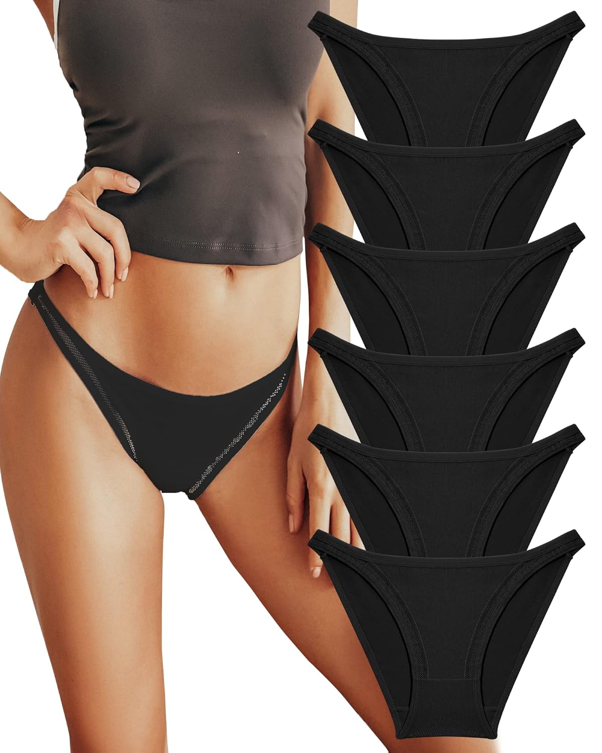 FINETOO 6 Pack String Underwear for Women Cotton High Cut Stretch Breathable Low Rise Hipster Cheeky Bikini Panties