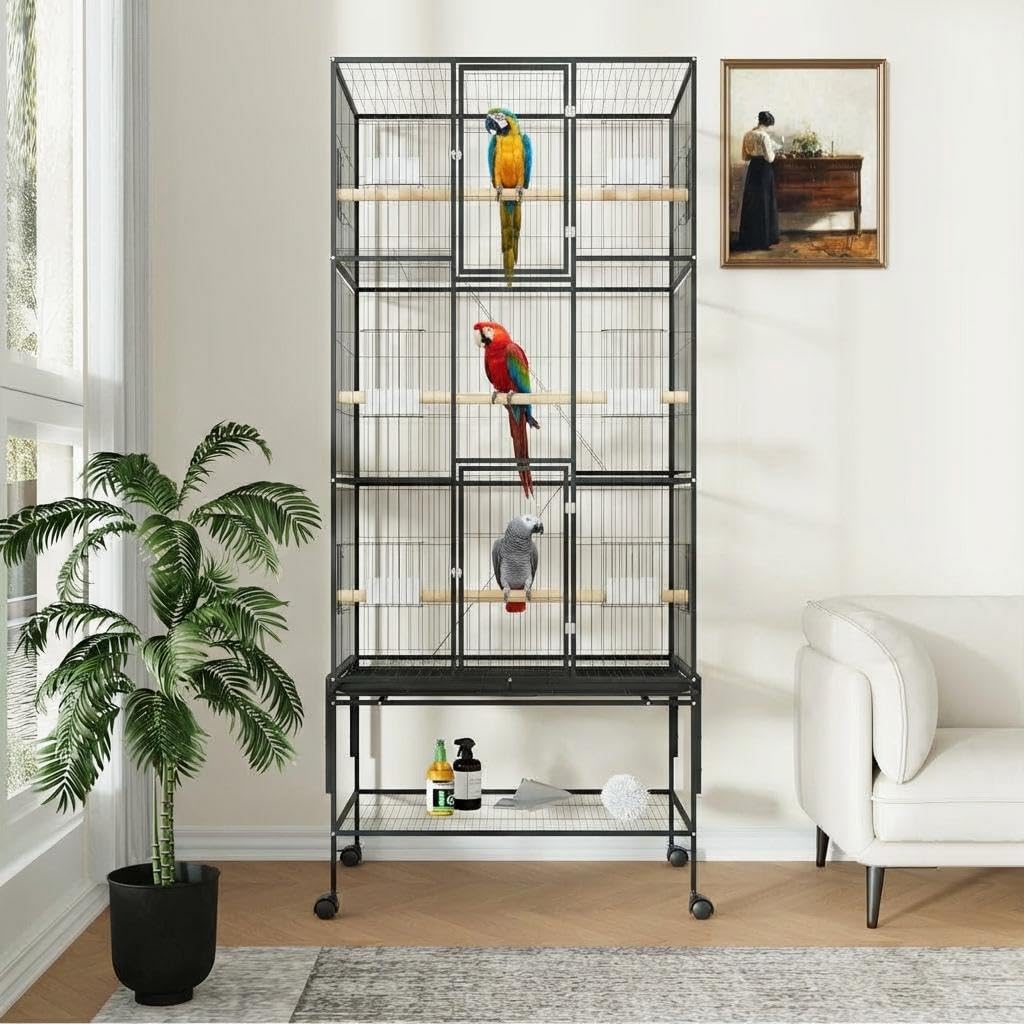 69-Inch Large Parrot Cage with Rolling Stand - Extra Wide Bird Cage for Cockatiels, Budgies, Lovebirds & Conures | Flight Bird House with Storage Shelf, Slide-Out Tray & Food Bowls