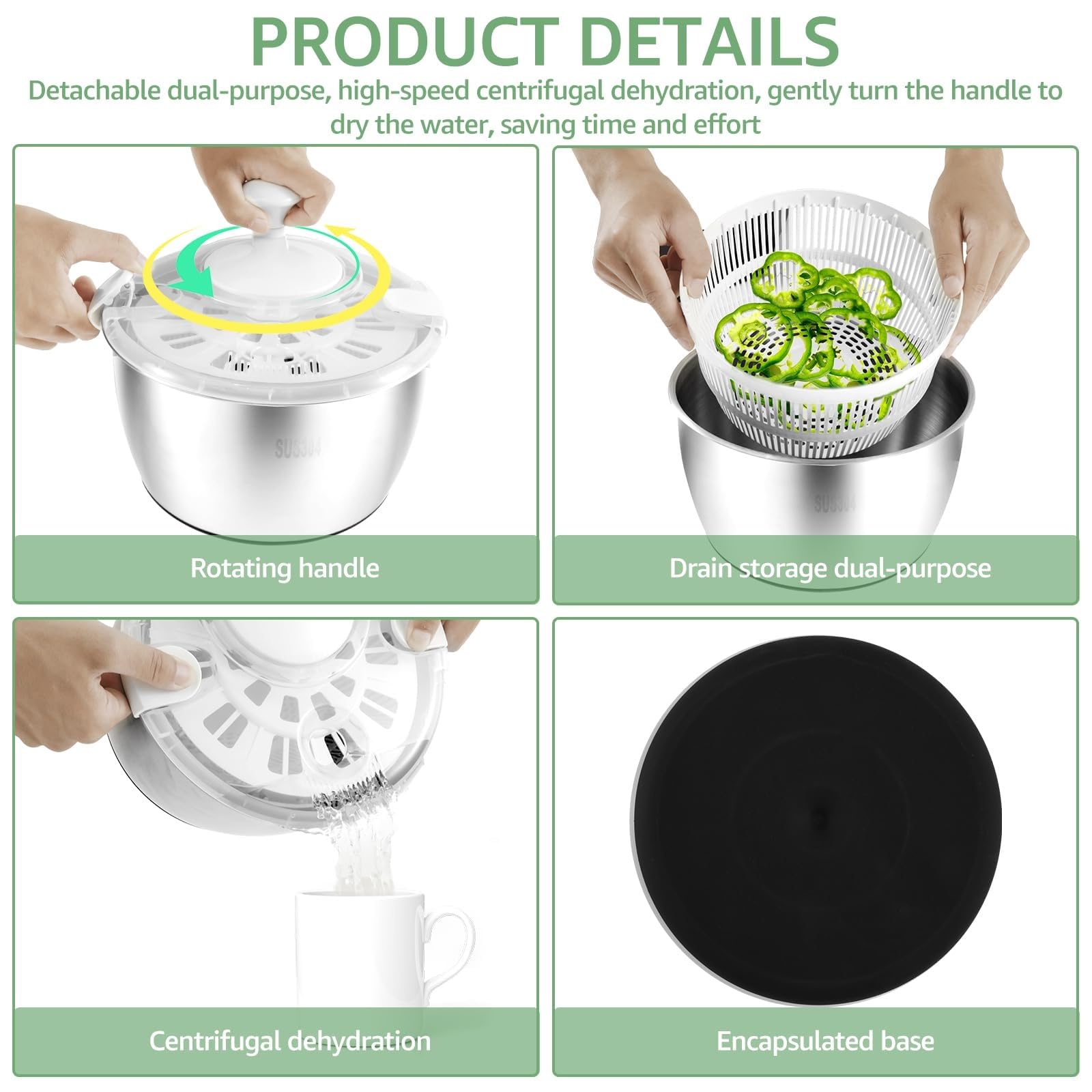 THEGA Secador De Verduras De 5 L, Centrifugadora De Lechuga De Acero Inoxidable 304, Secadora De Lechuga, Centrifugadora De Lechuga Multiusos, Centrifugadora De Ensalada con Orificio De Drenaje