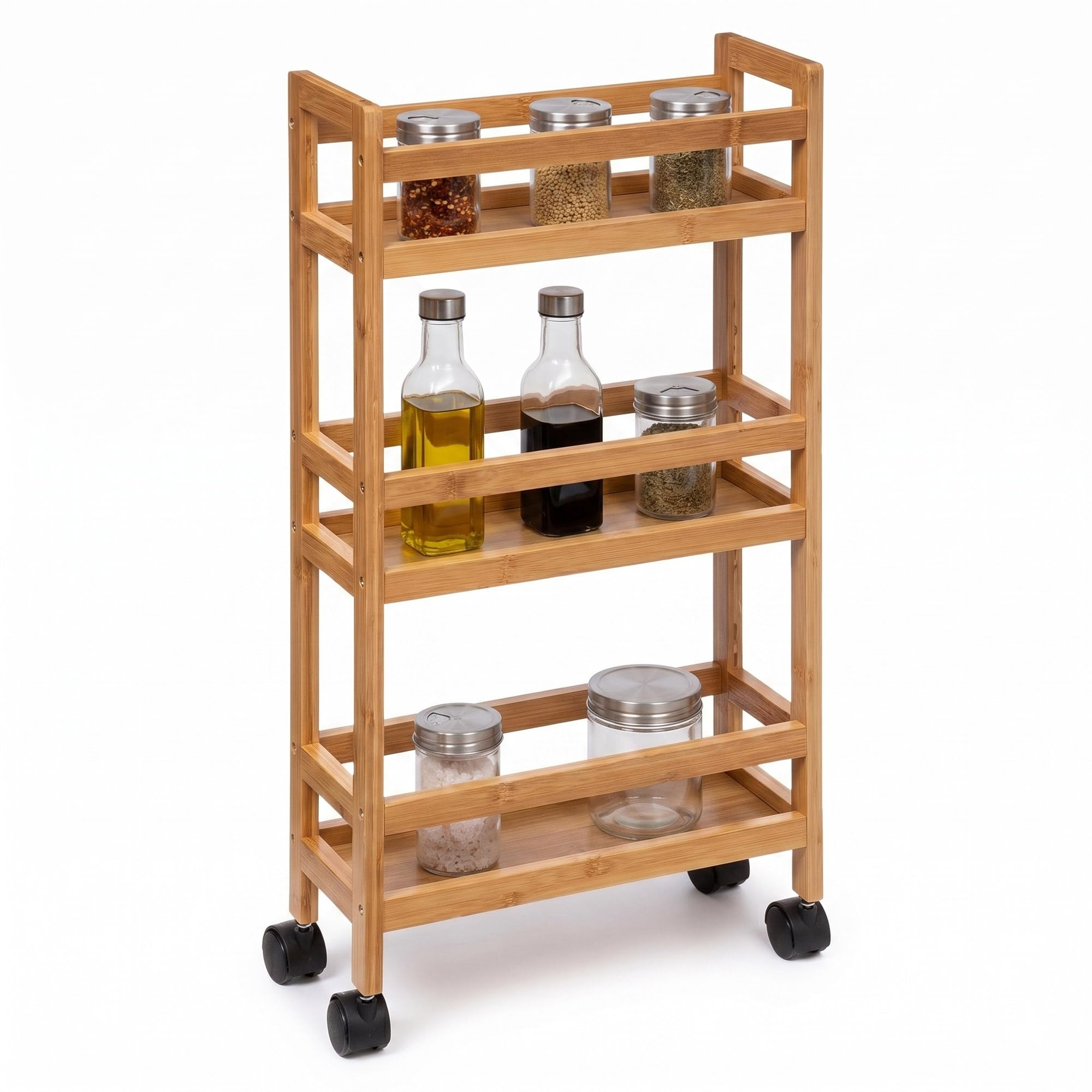 Well Home - Carrello ausiliario in bambù con ruote, 36 x 15 x 74,5 cm, 3 livelli, ideale per cucina, bagno e ufficio, salvaspazio