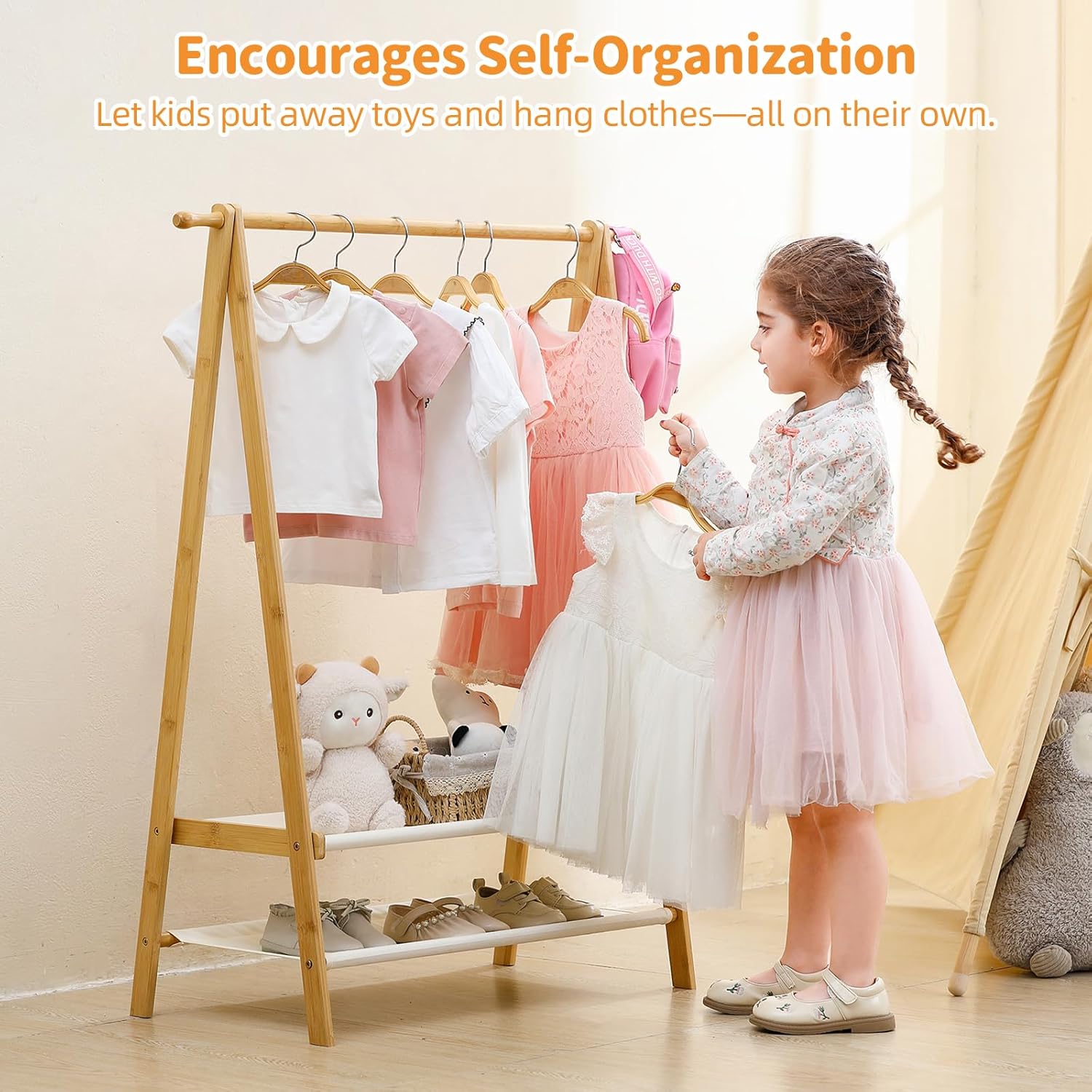 Foldable Kids Clothing Rack, Bamboo Triangle Dress Up Storage with 2 Fabric Shelves, Baby Clothes Rack for Nursery & Playroom, Kids Dress Up Rack, Baby Closet Organizer