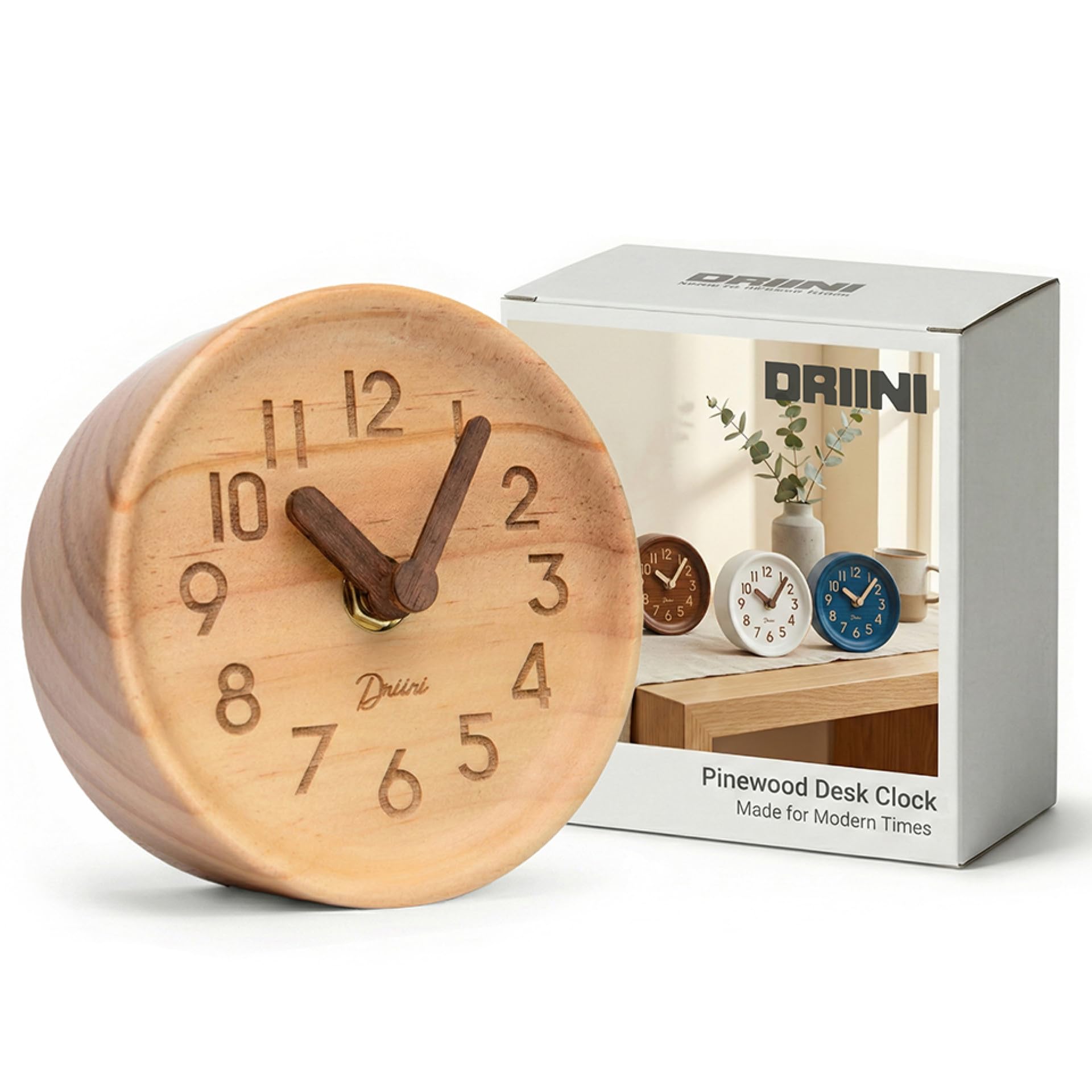 Driini Wooden Analog Desktop Clock – 4.3 in. Decorative Pinewood, No-Tick Design – Easy to Read Silent Sweep Mantle Clock – Quiet Tabletop Clocks with Wood Body, Hands, & Battery Cover; Light