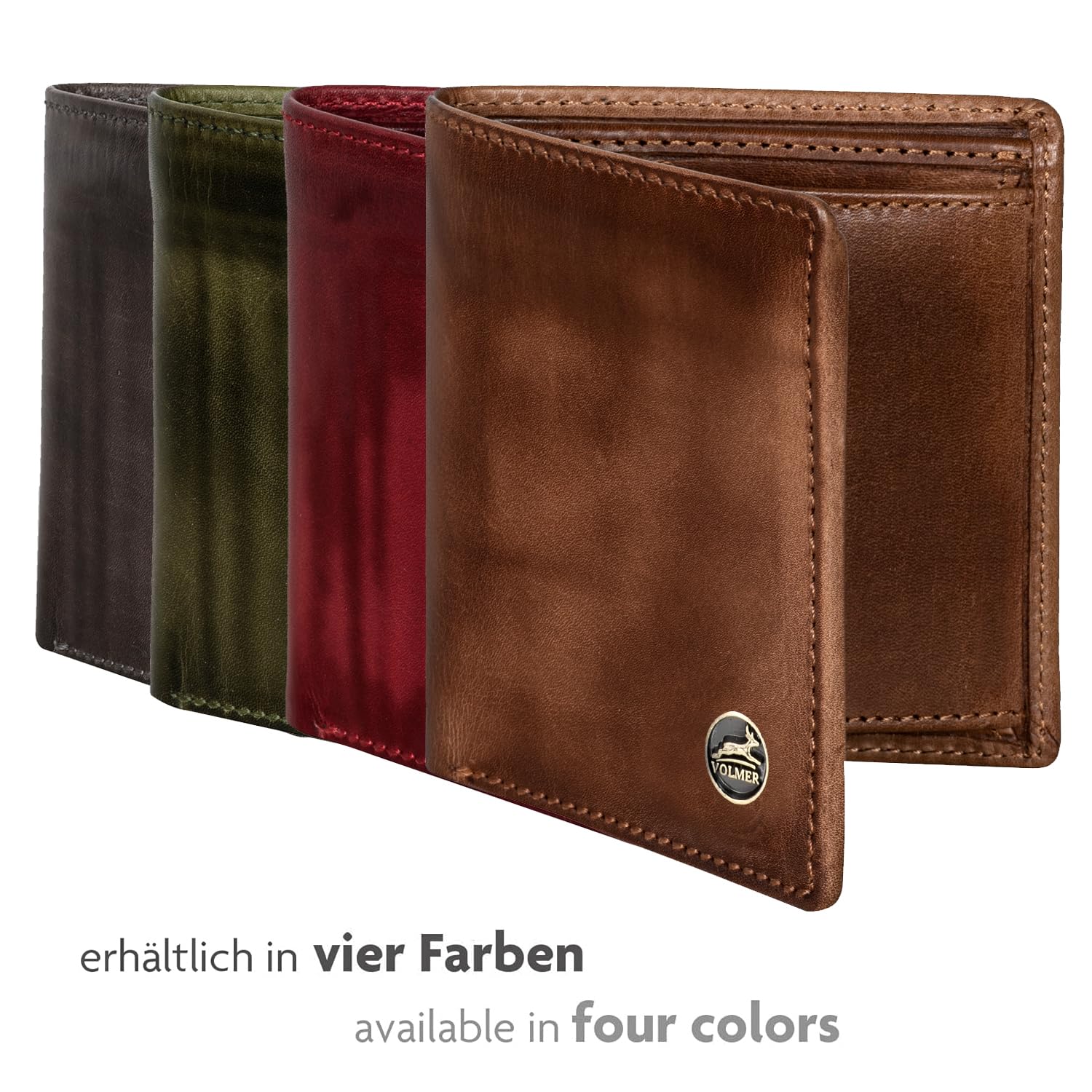 Fa.Volmer VO47 - Cartera de piel auténtica, protección RFID, 9 compartimentos para tarjetas y monedero, incluye caja de regalo, marrón envejecido, medium, Clásico