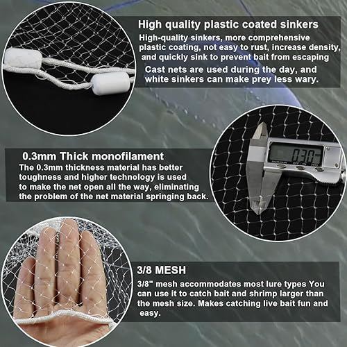 Miniatura 8 de Drasry Red de pesca de agua salada 38 y 14 de malla con plomada gris resistente, monofilamento americano, red de lanzamiento de peces para trampa de