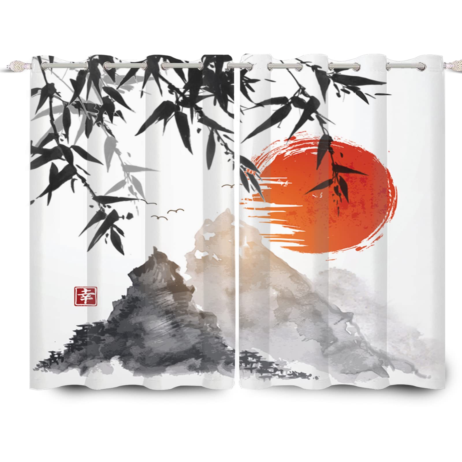 SDOTPMT 42x84inch Japanese Classic Ink Painting Window Curtain Mt Fuji Red Sun Bamboo Leaves Window Drapes Oriental Traditional Window Curtain for Living Room Bedroom Blackout Curtains 2 Panels - Image 3