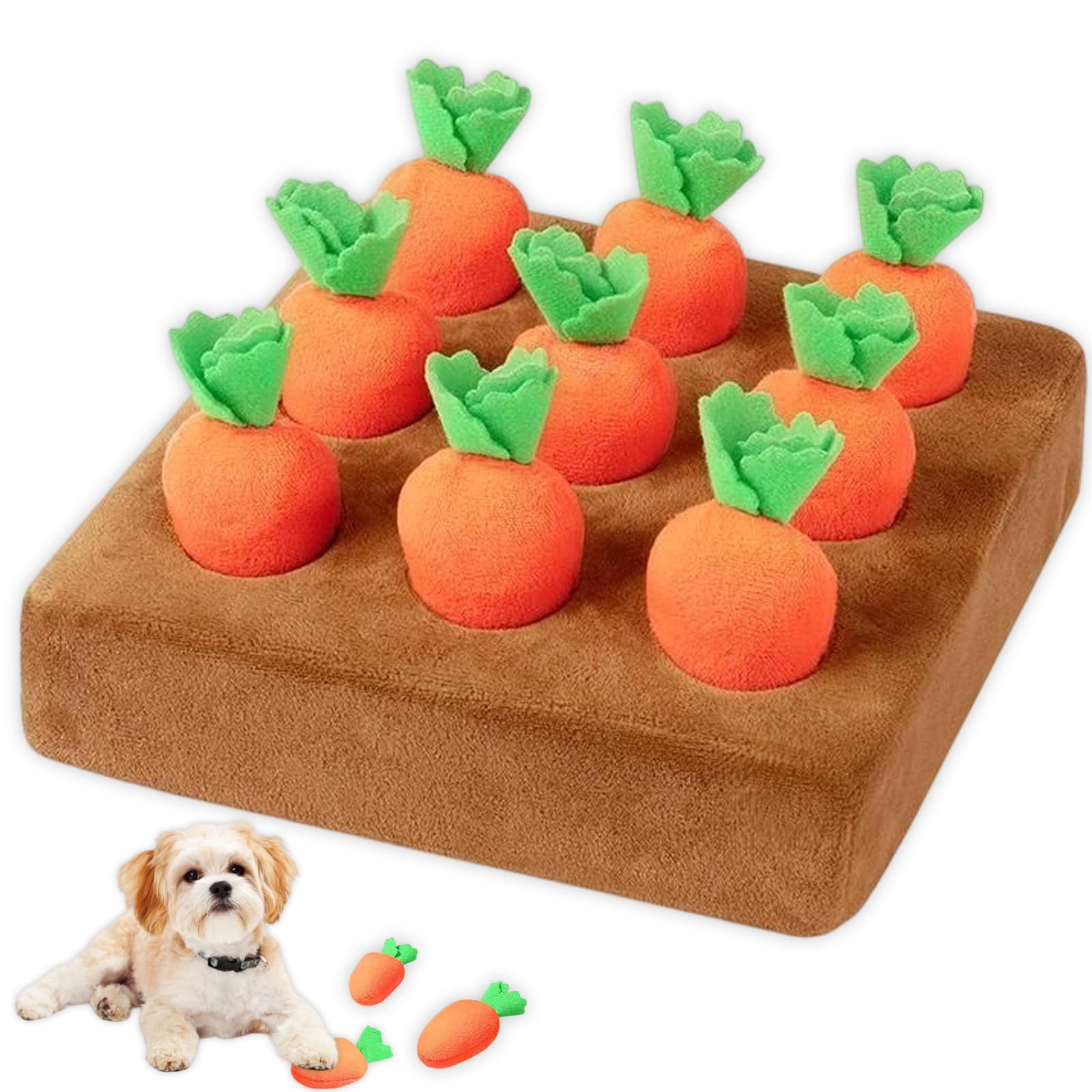 2026 Neu Schnüffelteppich Hund, 9 Stück Plüsch Karotte Intelligenzspielzeug, Interaktives Hundespielzeug Karottenfeld Fütterungsspiel für Welpen, Seniorhunde, Mentale Stimulation Innen 16x16x5cm