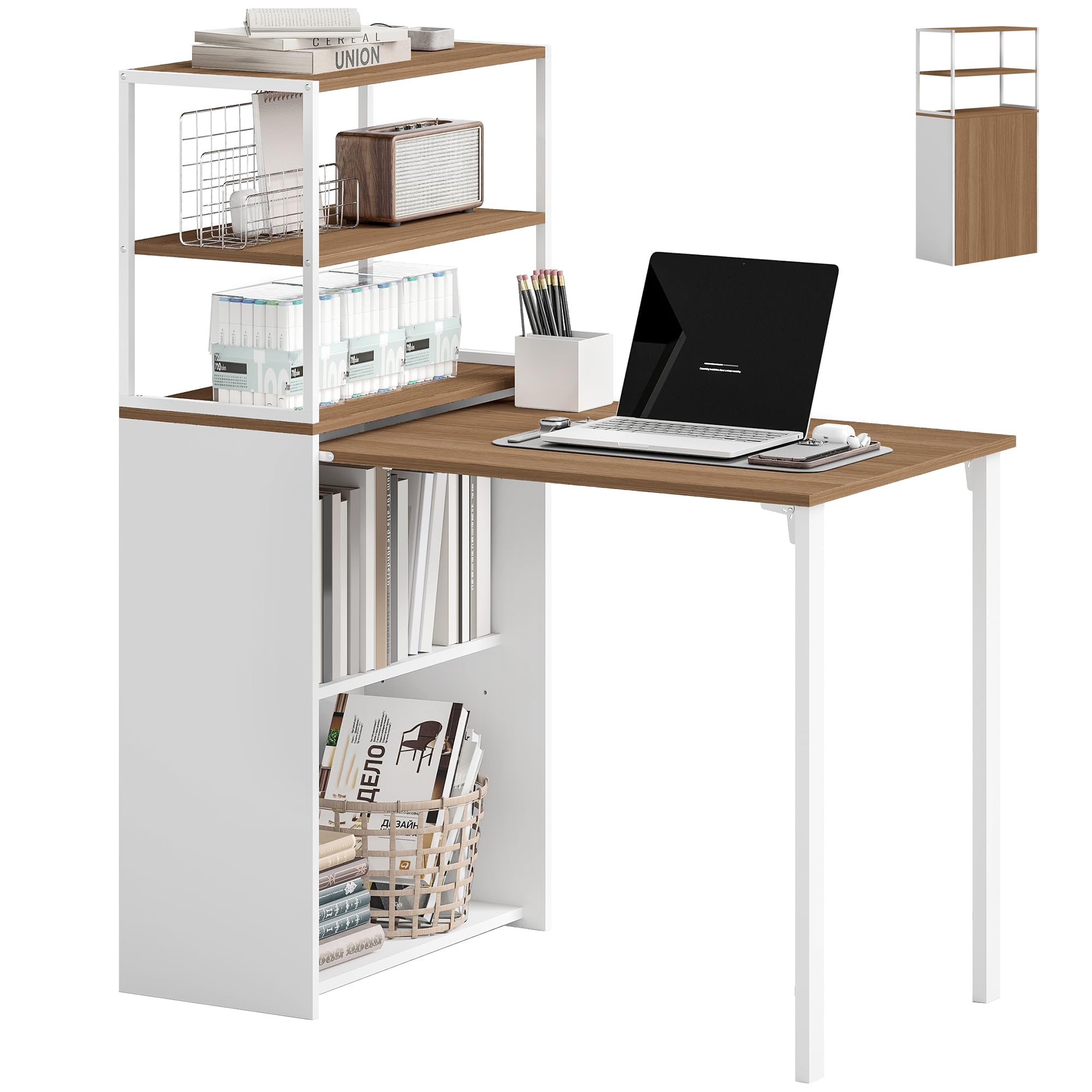 HOMCOM Escritorio Plegable con Estantería Estudio 105x60x127 cm Natural | Mesa de Escritorio con 4 Estantes, Mesa de Ordenador para Espacios Pequeños, Oficina en Casa