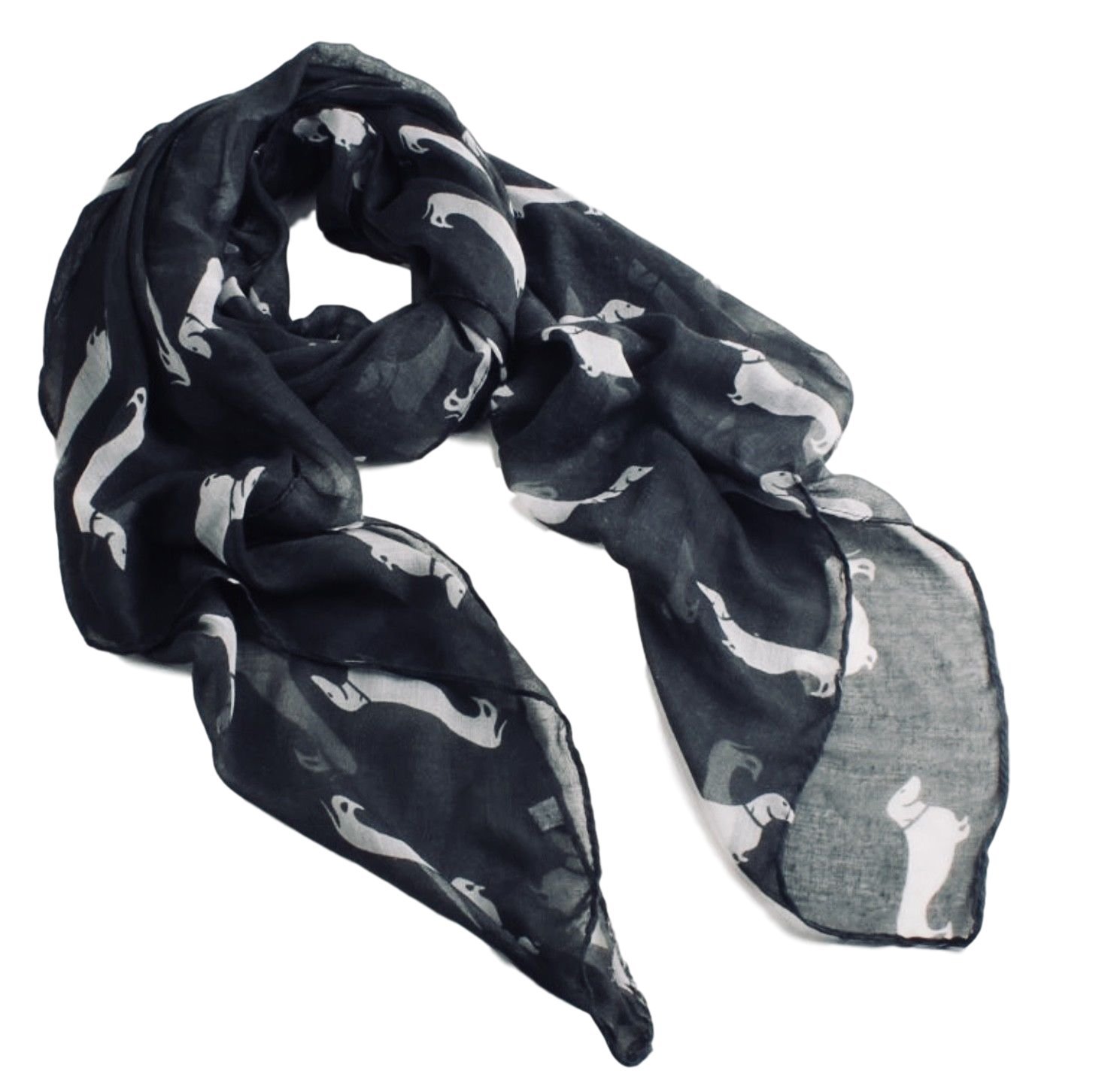 Fat-catz-copy-catz Dachshund Dogs Print Scarf - Large Size - All Seasons Scarf - Small Sausage Dog - Soft Ladies Shawl, Wrap, Sarong (black sausage dog scarf)