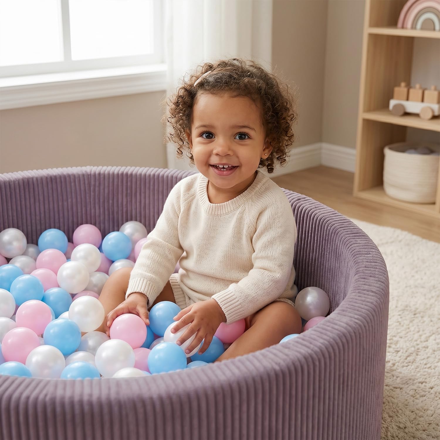 KiddyMoon Bällebad Für Kinder Aus Schaumstoff, 90 X 30 cm, Weicher Rippbezug, Abnehmbarer Bezug, Weiches Und Sicheres Spielzeug, Waschbar
