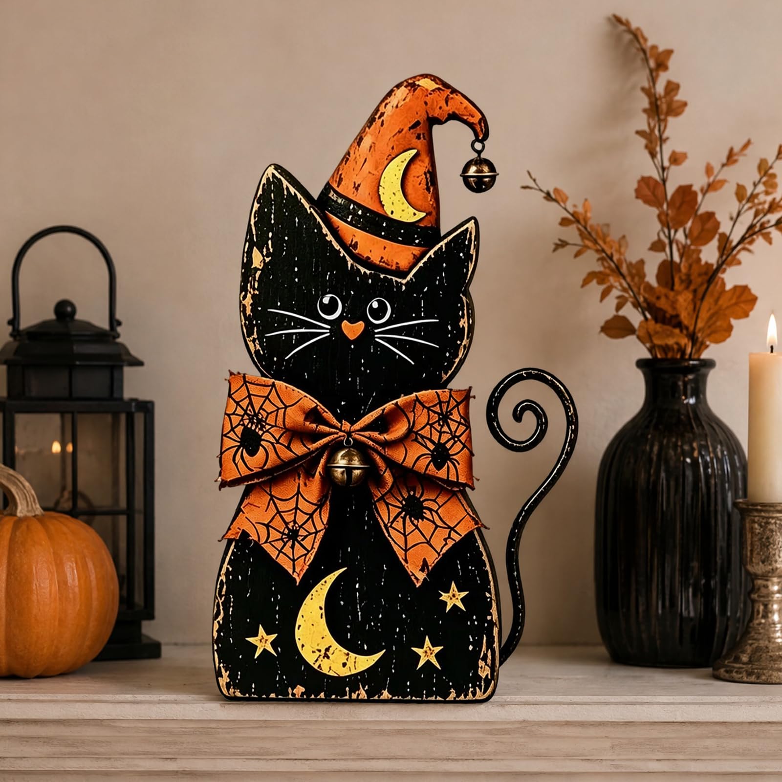1PCS Vintage Halloween Witch Cat Decor Set, Spooky Tabletop Centerpiece