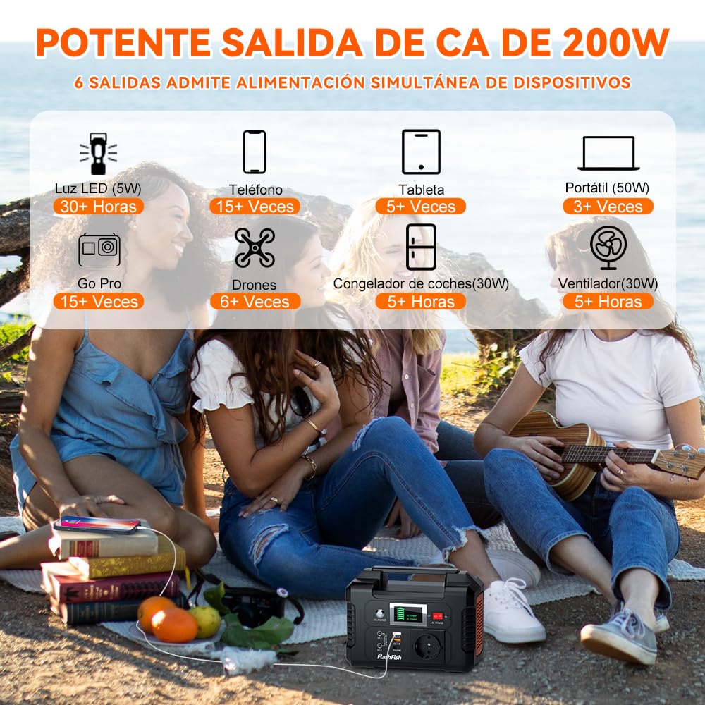 FlashFish estacion de energia portatil 200W, 151Wh Generador Solar, Salida de CA de 230V, Batería de Emergencia, Generador Electrico Portatil para Acampar, Aventuras y Emergencias