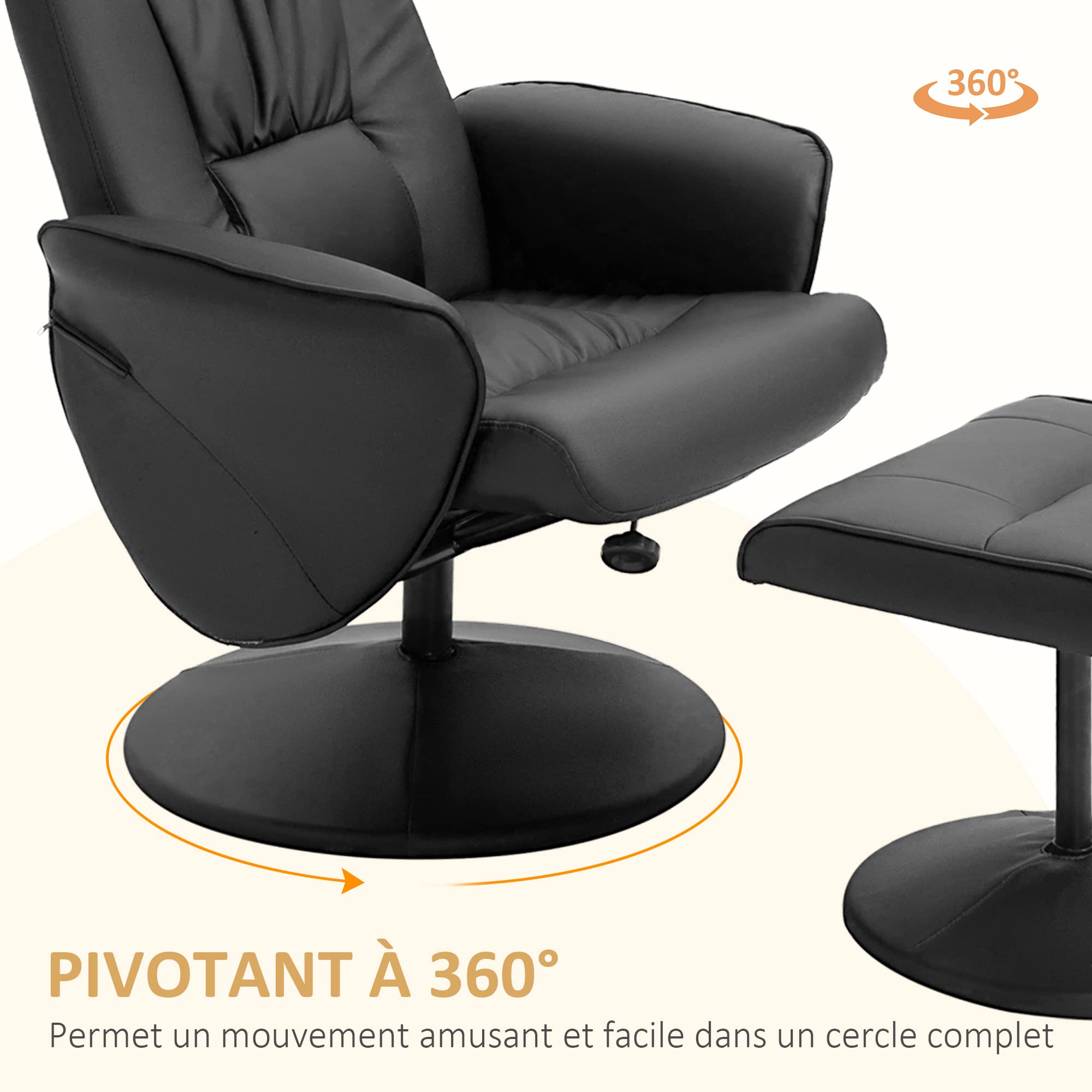 HOMCOM Fauteuil Relax avec Repose-Pied Pivotant 360° Noir