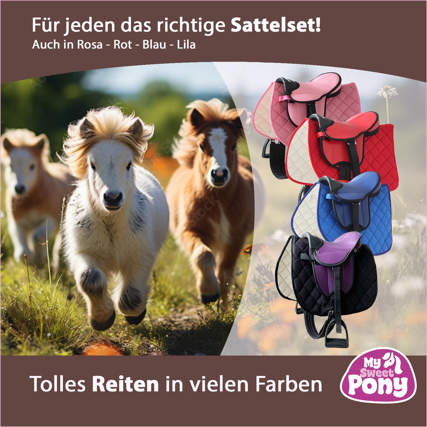 My Sweet Pony Kinder Shettysattel-Set Eclipse mit Halfter und Führstrick für Pony Shetty und Holzpferd