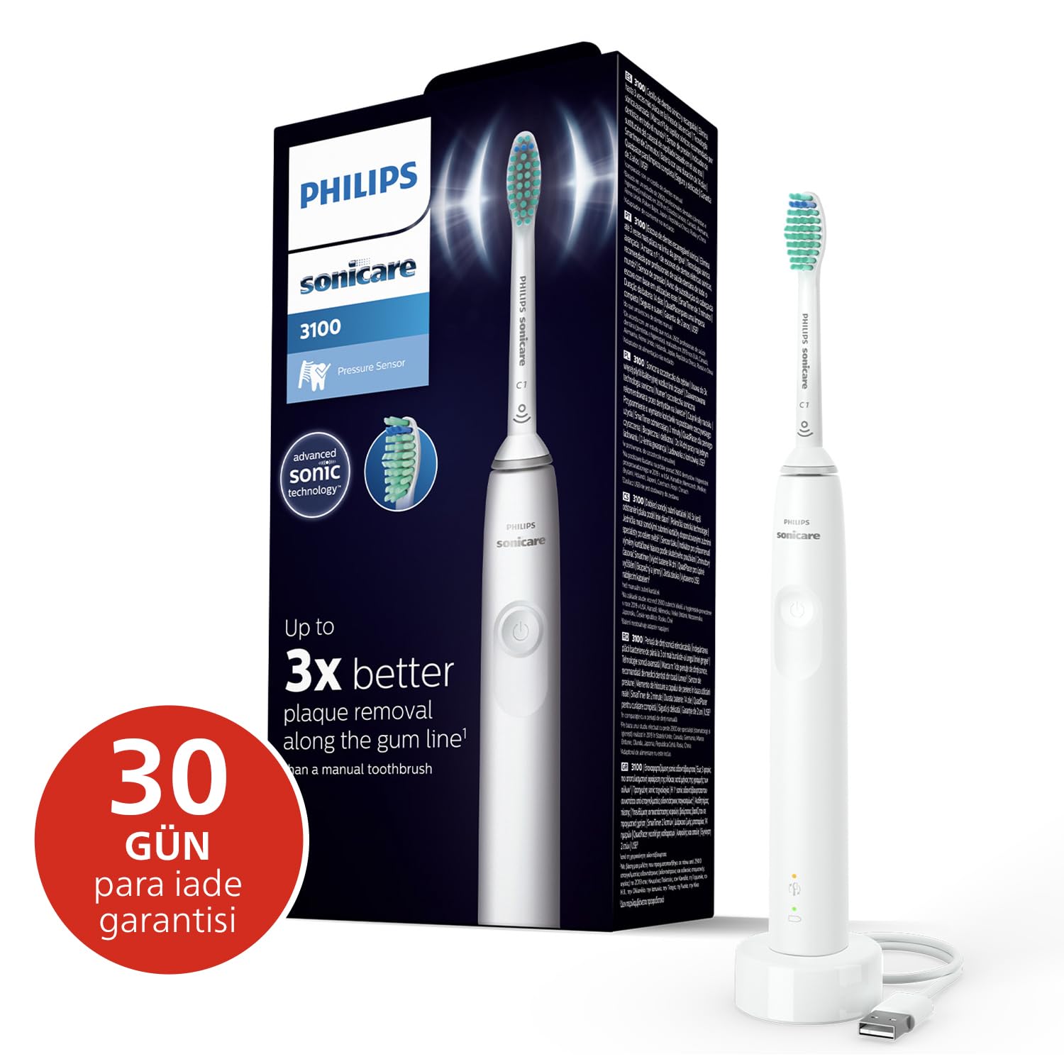 Philips Sonicare 3100 Sonic Şarjlı Diş Fırçası, 3 Kat Daha Fazla Plak Temizliği, Basınç Sensörü, 14 Gün Şarj Ömrü, SmartTimer ve QuadPacer Özellikli, HX3671/13
