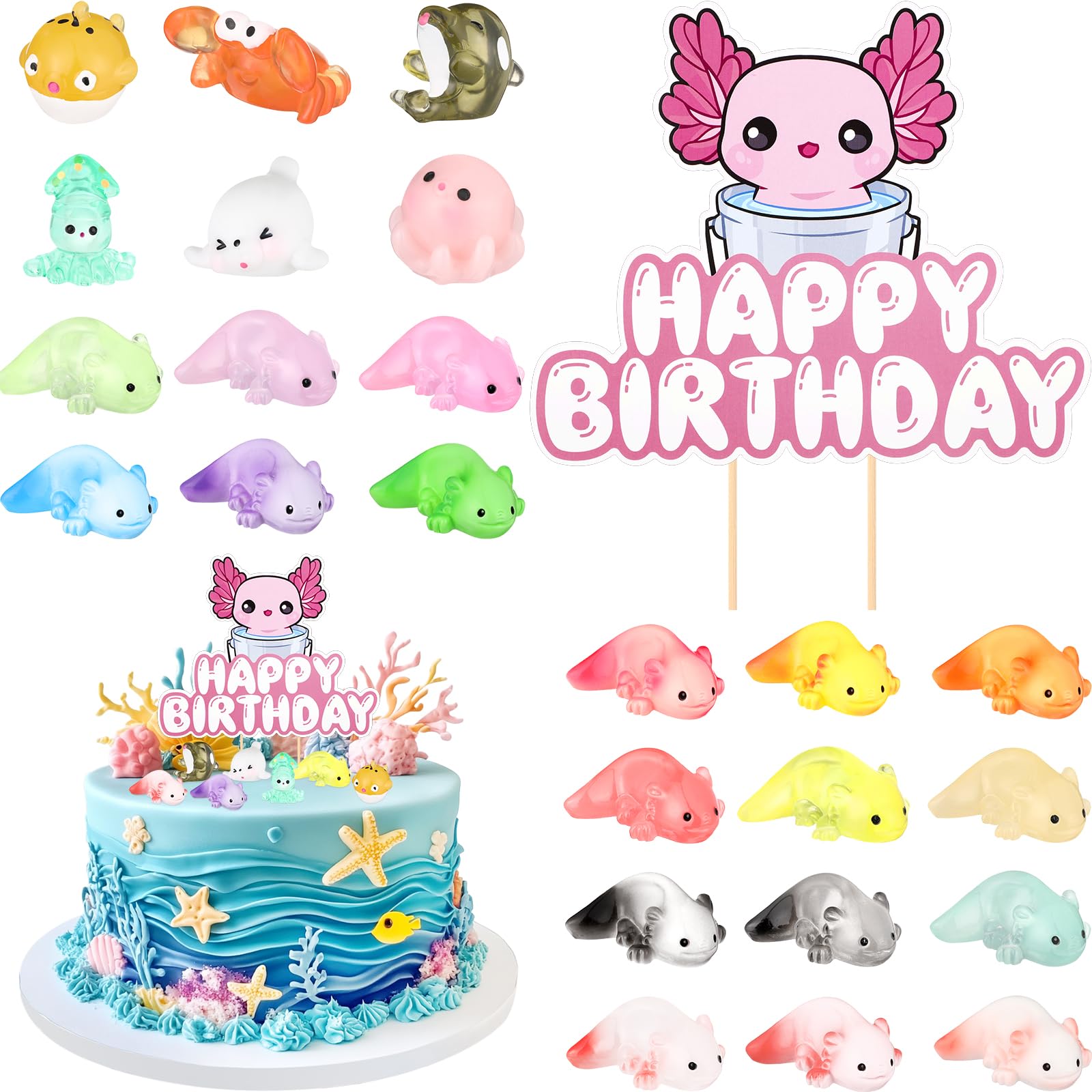 Axolotl Themed Party 37 Piece Axolotl Birthday Party Decorations Kit - Cake Topper, Mini Figures & Seagrass For Themed Parties Kids Birthday Decorations