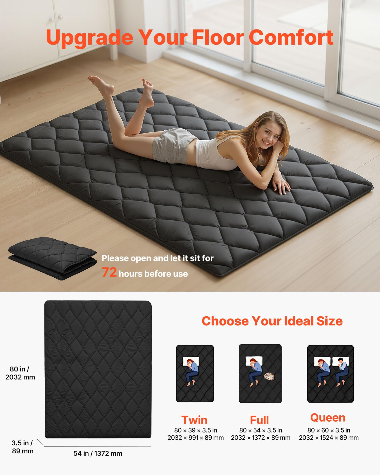VEVOR Japanische Tatami-Matte, Faltbare Futonmatratze mit Aufbewahrungstasche und Befestigung, 9-lagige Bodenmatte zum Schlafen, Schlafsaal, Meditation, Yoga