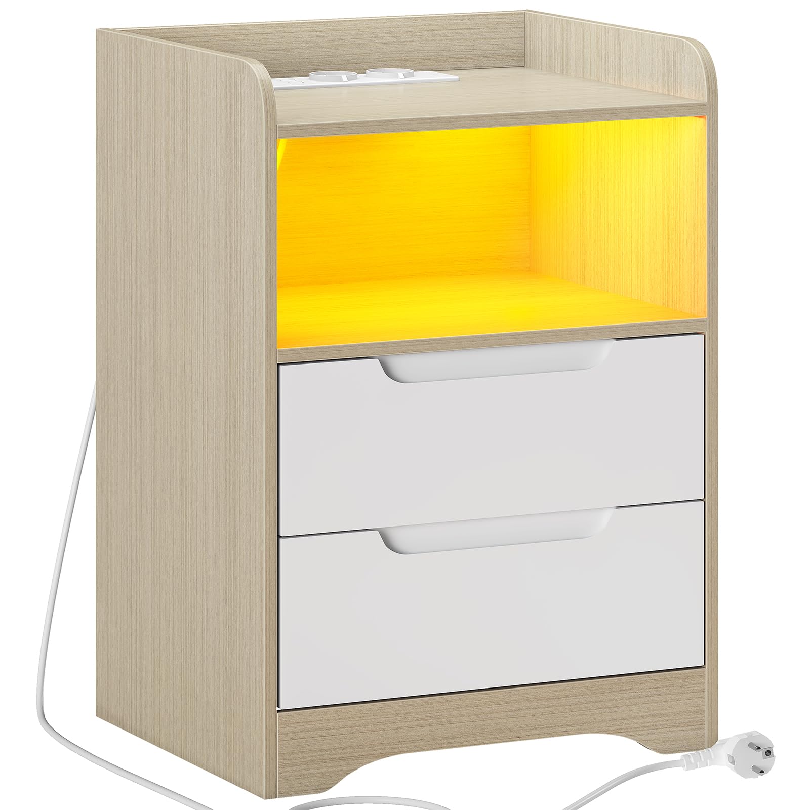 Table De Chevet Blanche Moderne Avec 3 Tiroirs, Multiprise (2 Prises + 2 USB) Et Bandeau LED Détecteur De Mouvement - 37x42x60 Cm