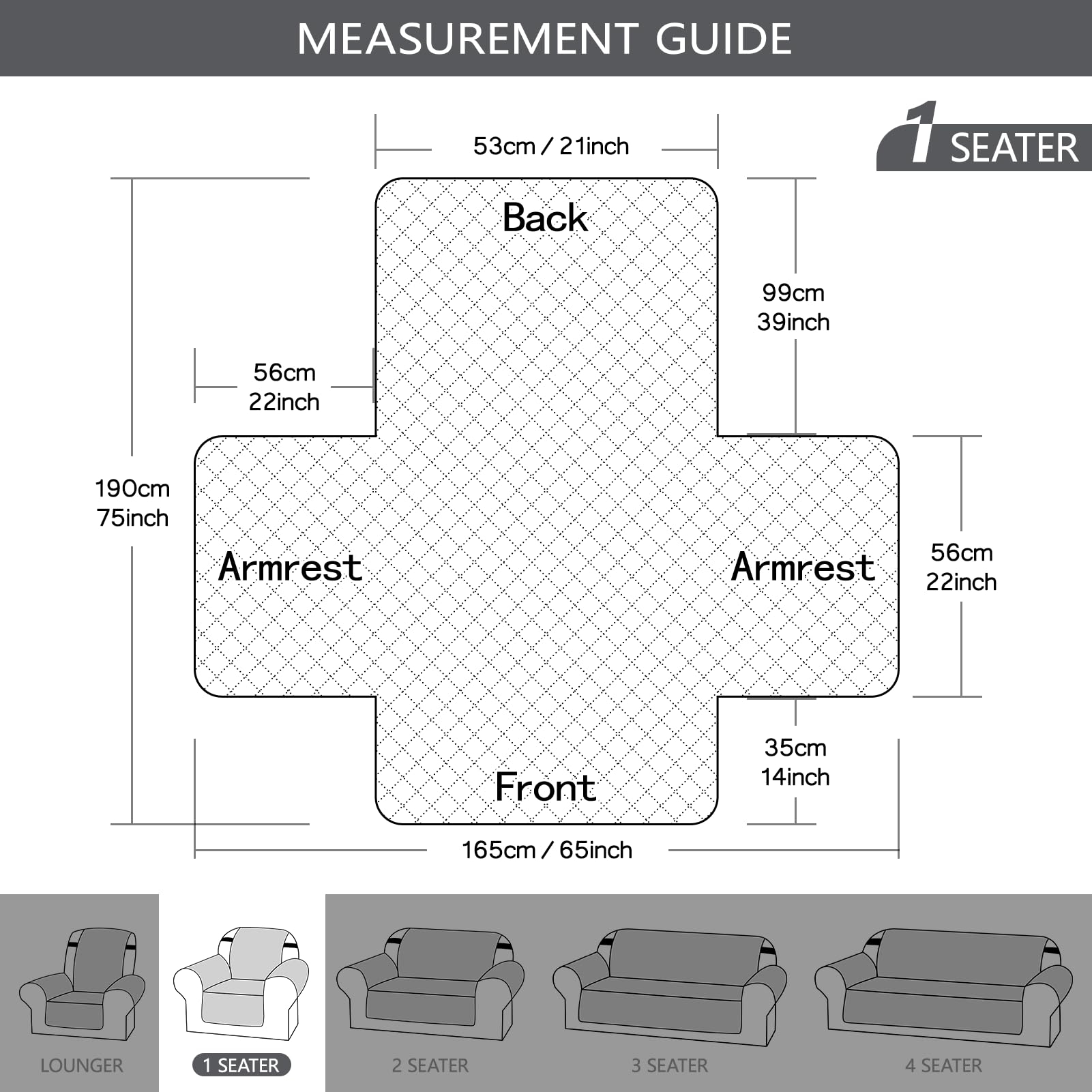Teynewer Reversible Chair Covers Water Repellent Sofa Cover 1 Seater Sofa Slipcover for Kids Pets Checked Pattern Thick Quilted with Elastic Strap - Image 2