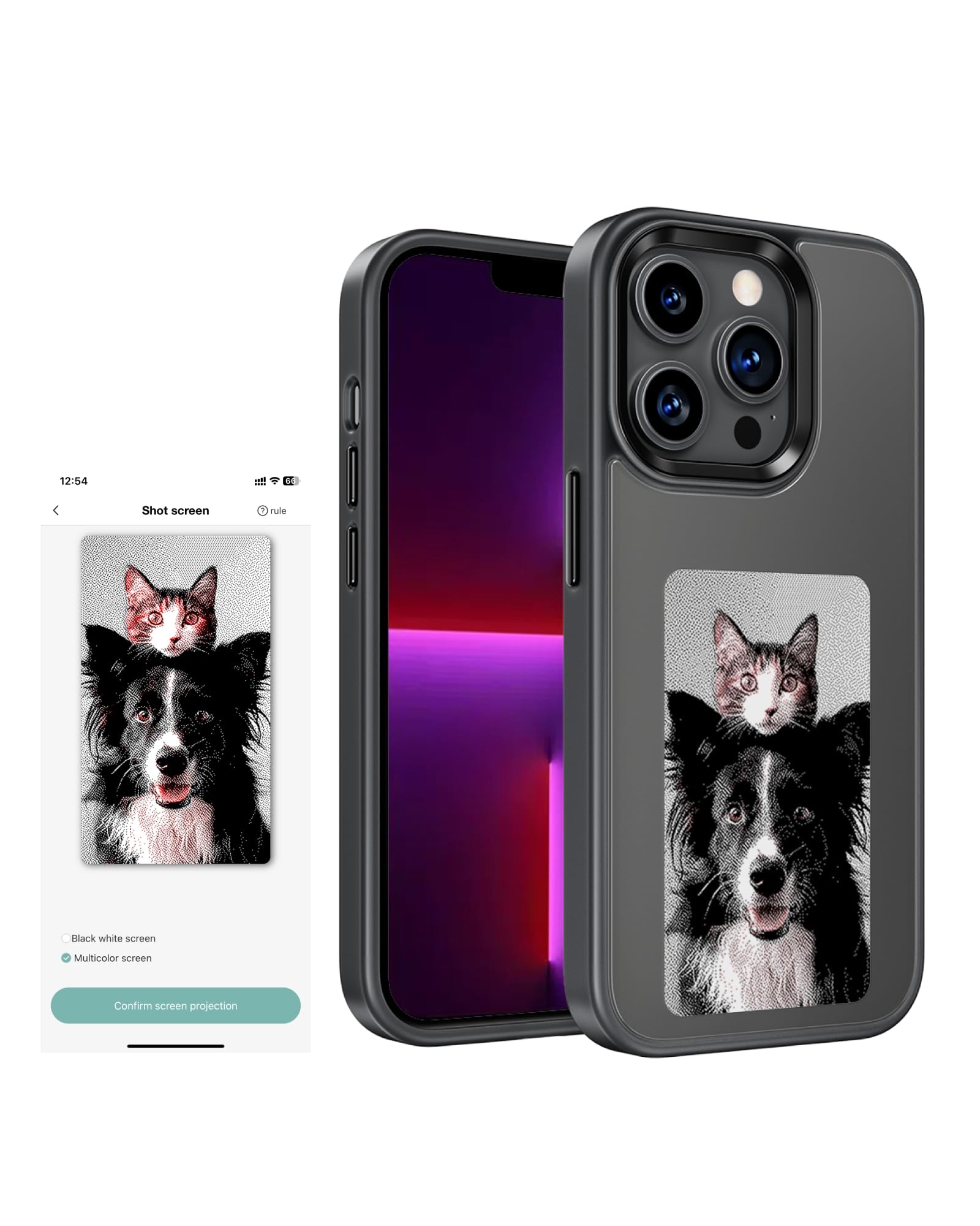 InkPlay E-Ink Screen Smart Case, DIY Wireless NFC Photo Display, Custom Protective Case for iPhone 13 Pro, Black