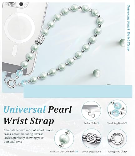 Vista 17 de Vihibii Correa de muñeca con dije para teléfono con 2 lengüetas de sujeción, cordón anticaídas para teléfono celular, cuentas de perlas de moda