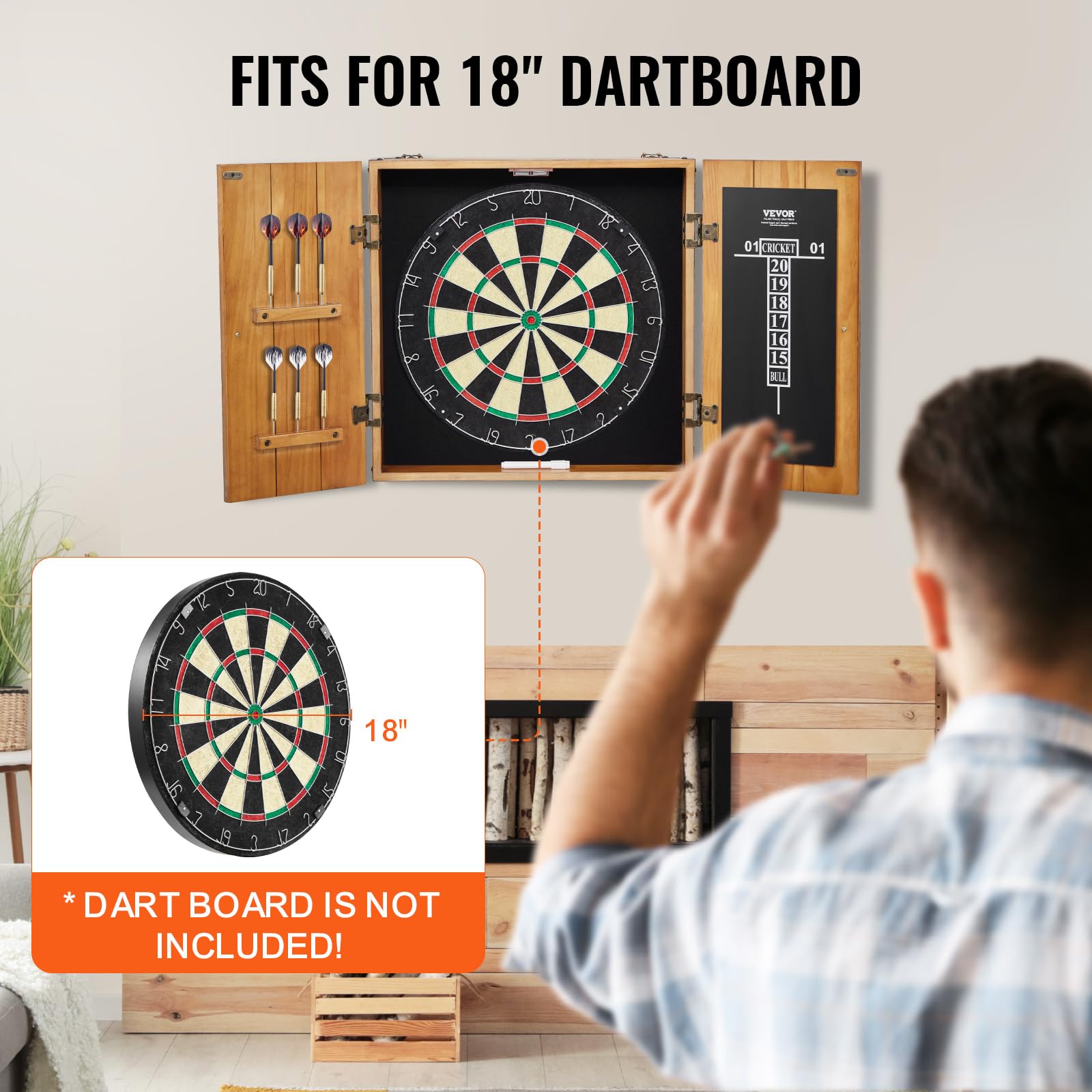 VEVOR Gabinete para Dardos de Madera Maciza, Tamaño Oficial con Accesorios, Fácil de Ensamblar, Juegos de Cricket (Tablero de Dardos no Incluido), Fácil de Limpiar