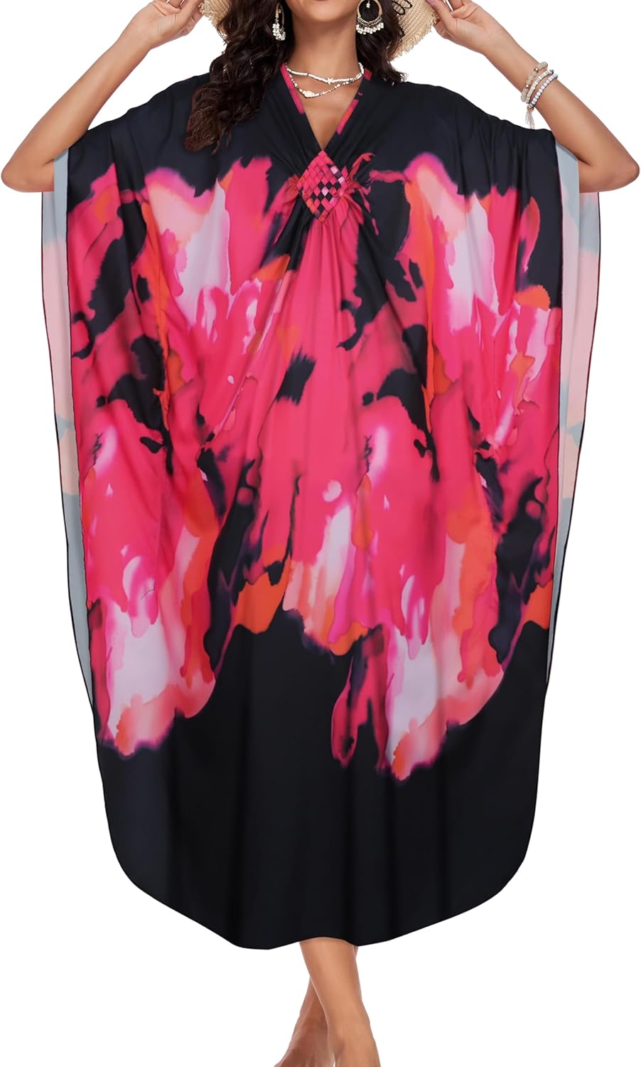 Kaftan Dresses for Women Plus Size V Neck Caftans Long Batwing Sleeve Beach Cover Ups Summer Floral Print Dress - Image 5